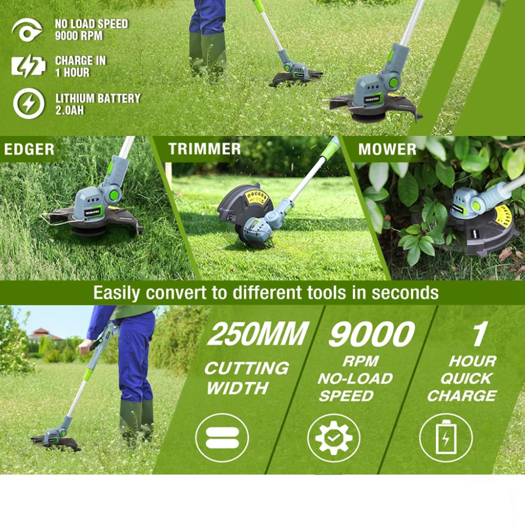 Cortadora De Césped, 3 En 1 Cortabordes Inalámbrico Y Cabezal con Batería De 2.0ah Y Cargador, para Limpieza Rápida De Hierba Herramientas De Protección del Suelo