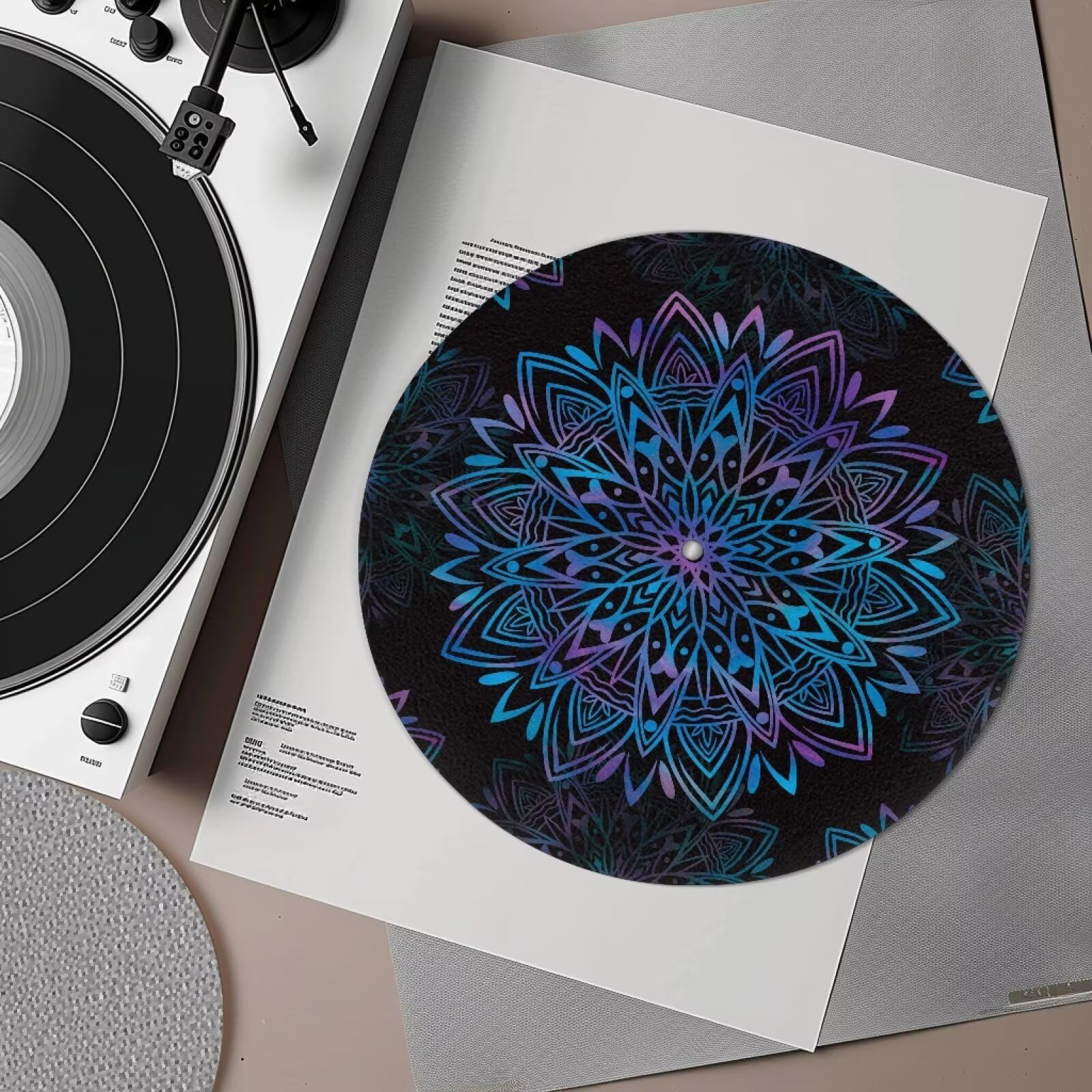 Tappetino per giradischi mandala, motivo fiore di loto, antistatico e antivibrazione, 30,5 cm, in feltro, supporto sonoro, antistatico, in vinile, accessori