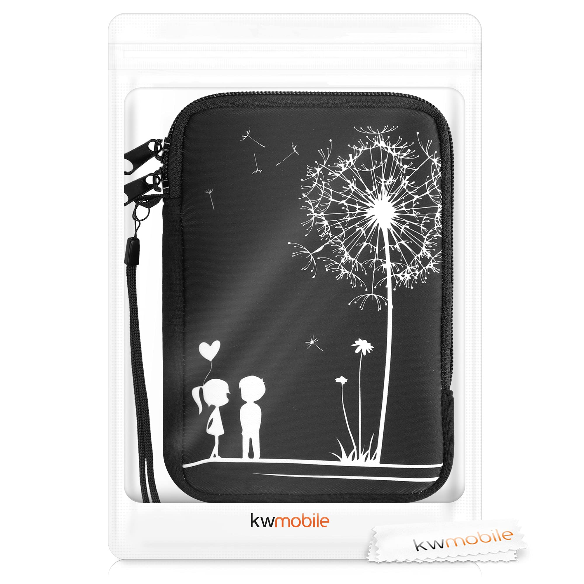 kwmobile Custodia Universale per eReader in Neoprene bianco/nero con Chiusura a Zip 17 x 12 x 2 cm