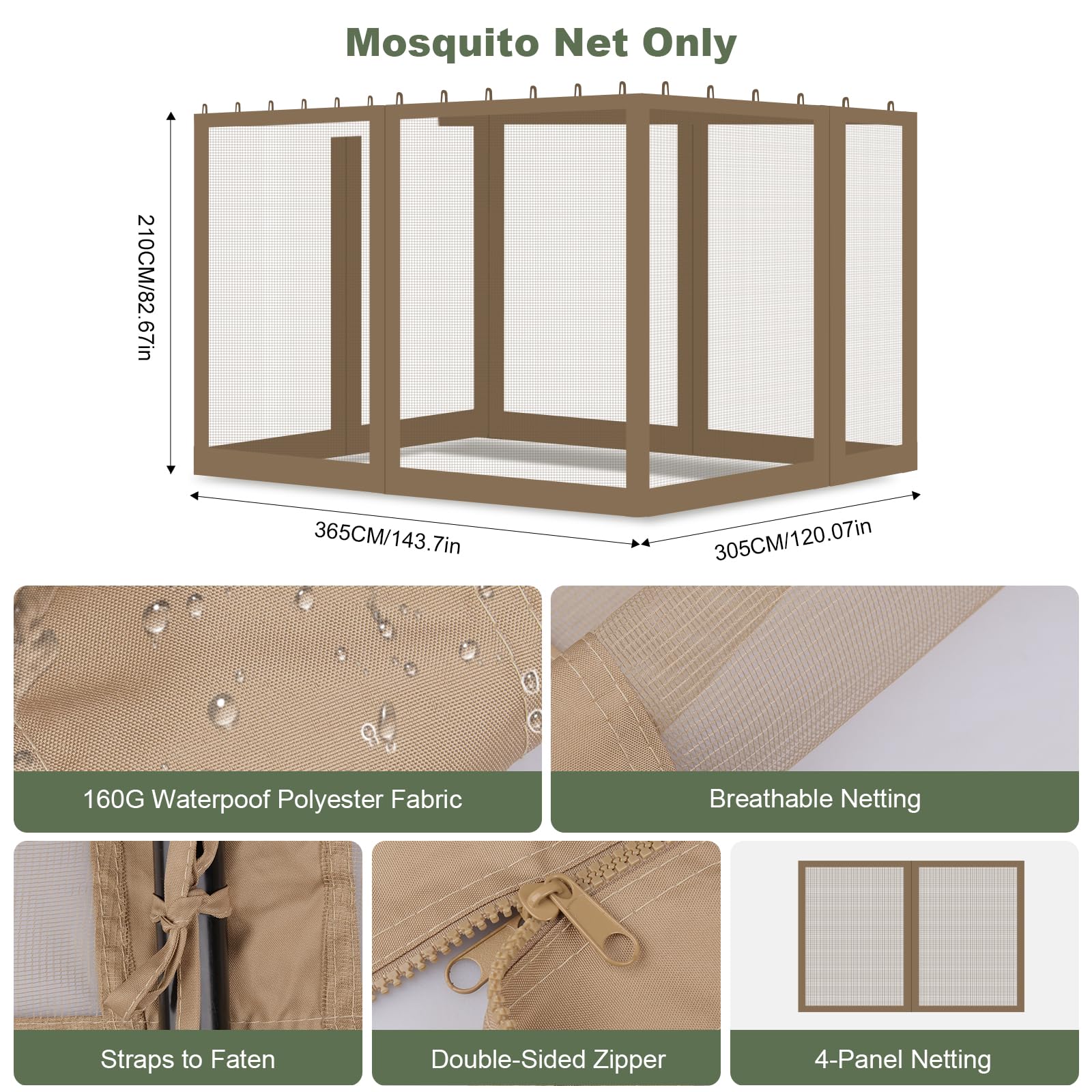 Mosquitera para Carpa de 3 x 3 m, Protección contra Insectos con 4 Paredes Laterales y Doble Cremallera, Apto para Cenador de Jardín, Terraza, Camping, Caqui