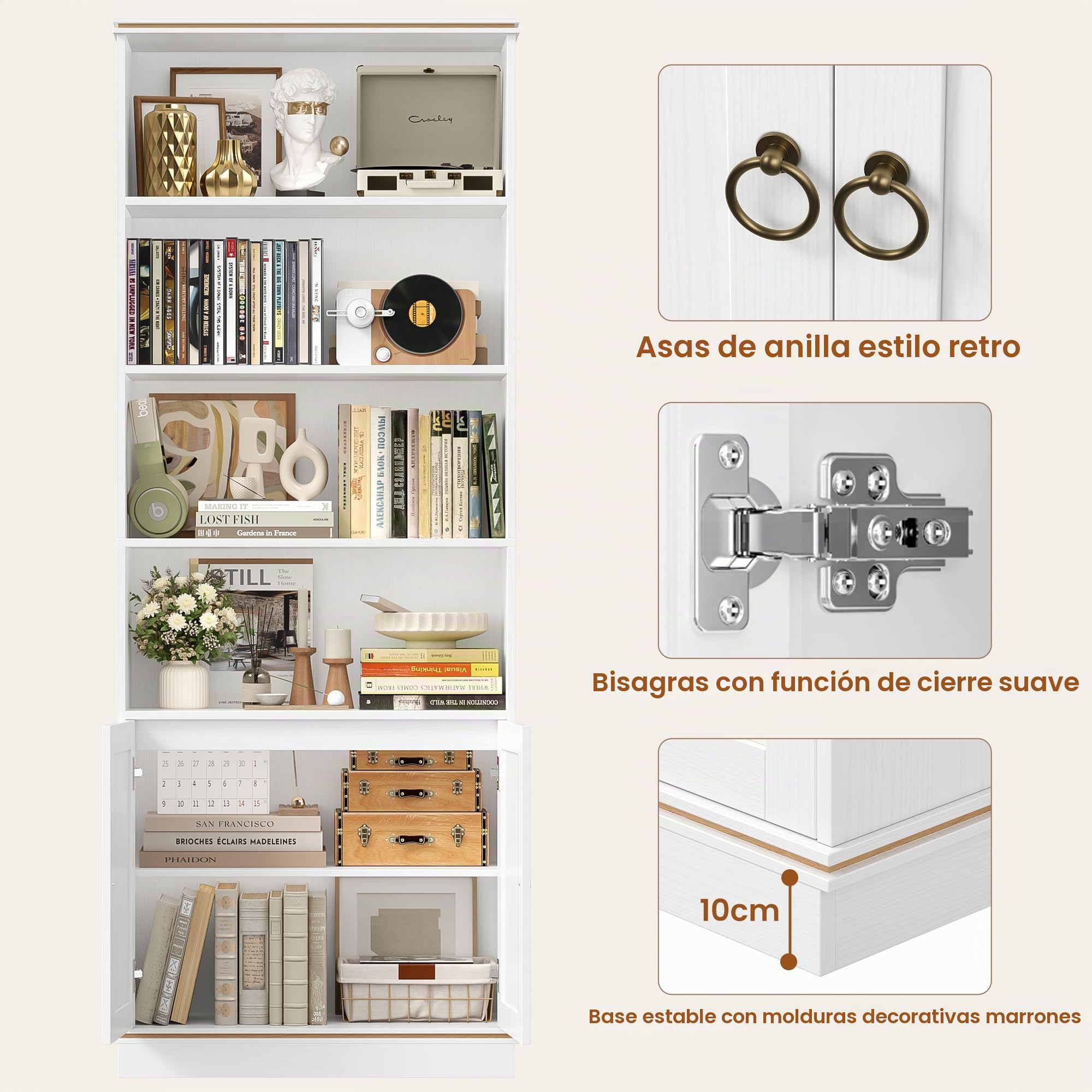 HOCSOK Estantería de pie de 188 cm de altura, con 7 niveles, estantería con vetas de madera natural, estantería de almacenamiento para estudio, oficina, salón, 188 × 60 × 30 cm, color blanco