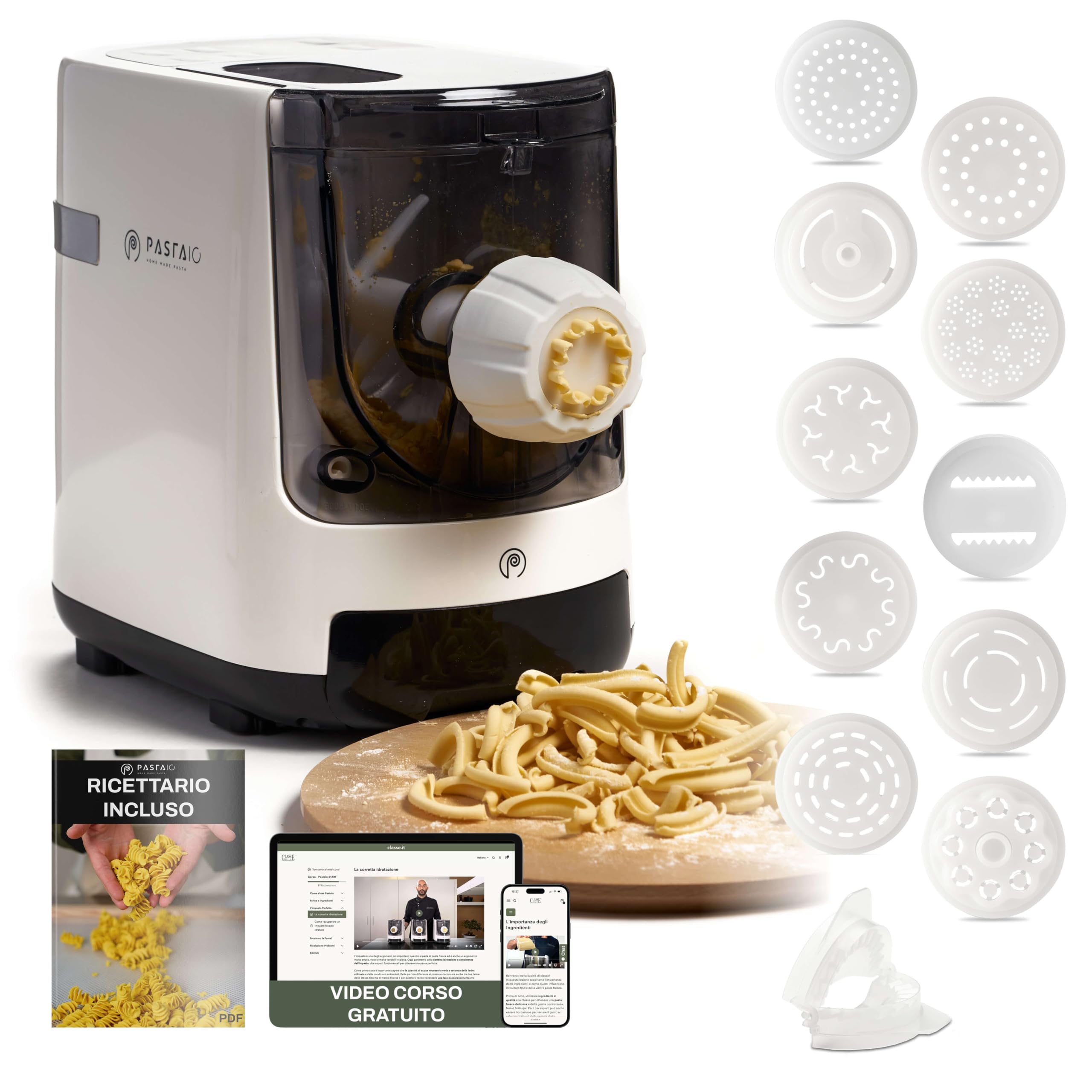 CLASSE ITALY PASTAIO Macchina per la Pasta con 11 trafile. Pasta Maker, bilancia integrata, 800g di pasta per ciclo, realizza 15 tipi di pasta, 5 ANNI GARANZIA ITALIA