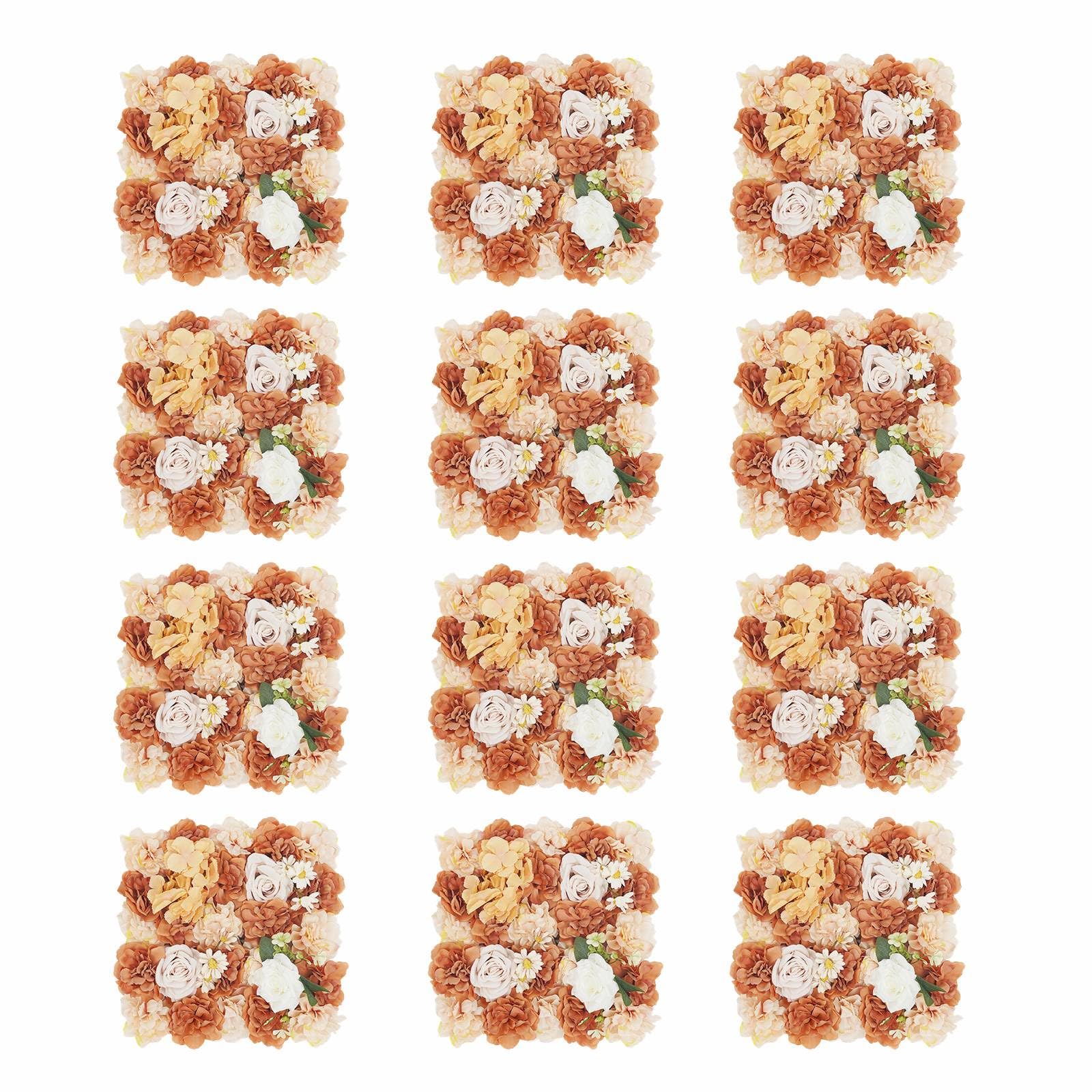 OUKANING Flower Wall Backdrop Panels, Caramel Brown and Champagne, 15x15 Inch, Set of 12 with Cable Ties, Handcrafted Silk Fabric Floral Decor for Indoor Outdoor Wedding Party Photography