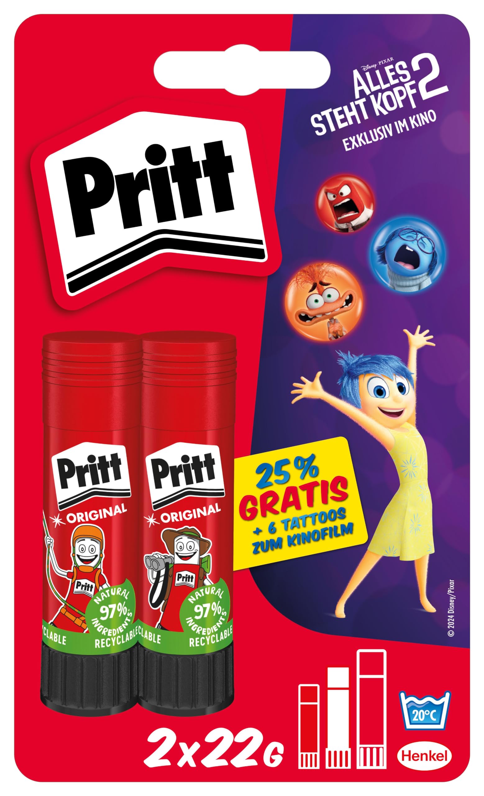 Pritt Juego de 2 barras de pegamento de 22 g y tatuajes, pegamento seguro y apto para niños para artes y manualidades, pegamento fuerte para la escuela, 9H PBS6B