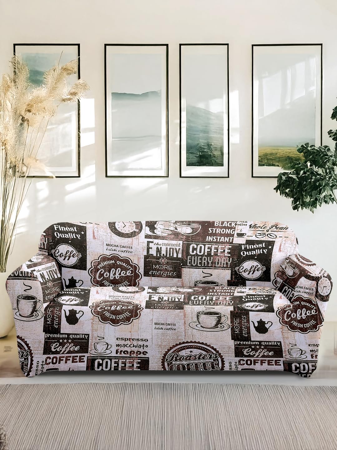 Amazon Brand - Solimo Polyester Streachable Retro Printed Coffee Day Sofa Cover (Two Seater Sofa Cover,Cream)-image-2