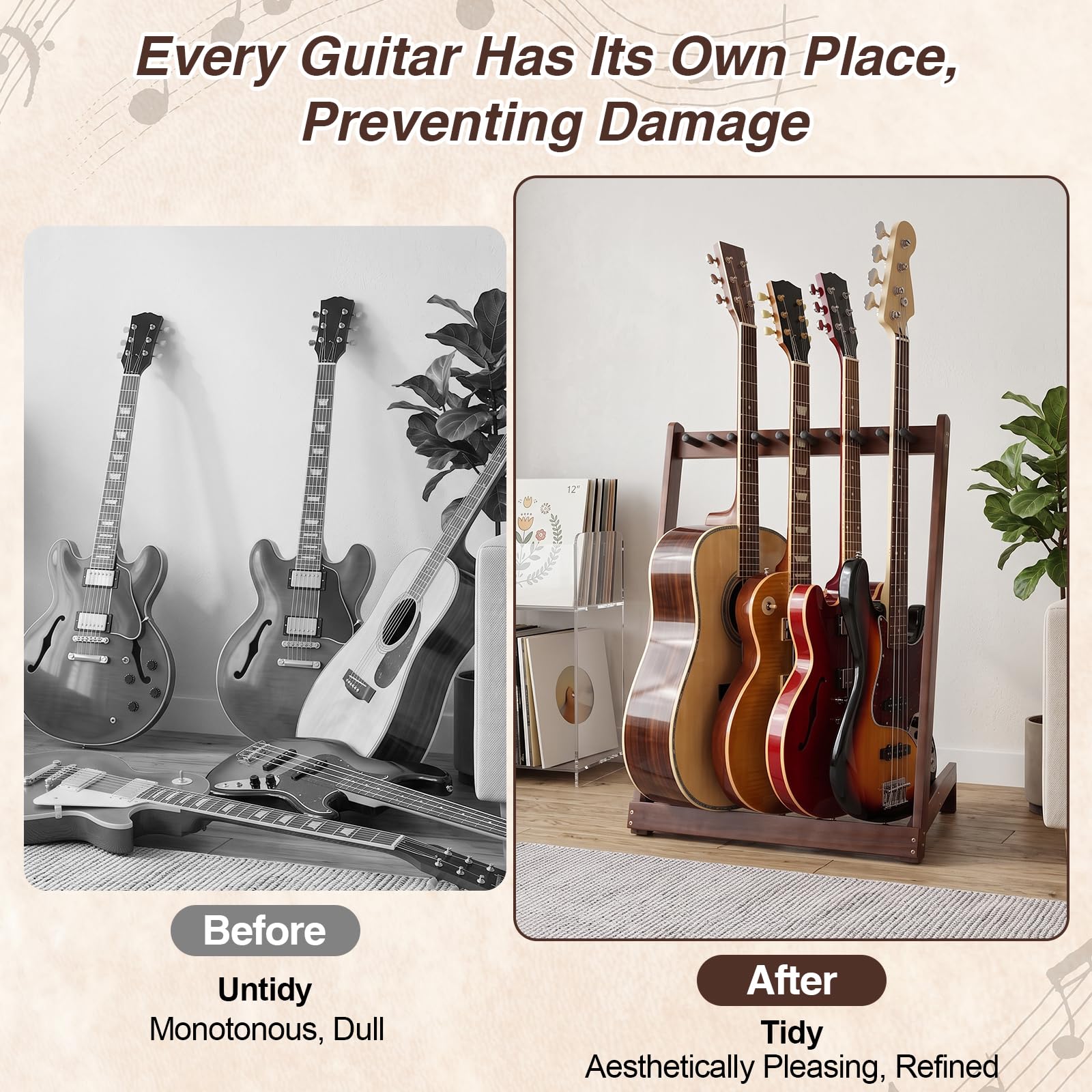 Soporte de madera para 5 guitarras, pie en el suelo, soporte múltiple para guitarra, soporte múltiple para exhibición para estudio y hogar, adecuado para guitarras eléctricas, Akusti