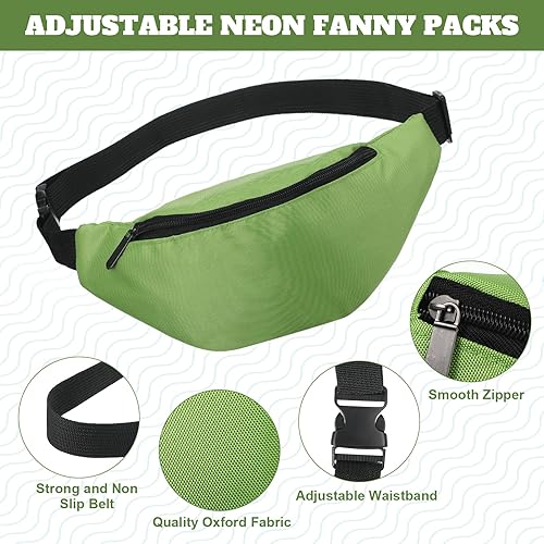 Miniatura 3 de Riñonera de neón de los años 80, 14 unidades de riñoneras ajustables de neón de tela Oxford para entrenamiento, viajes, correr, cintura con