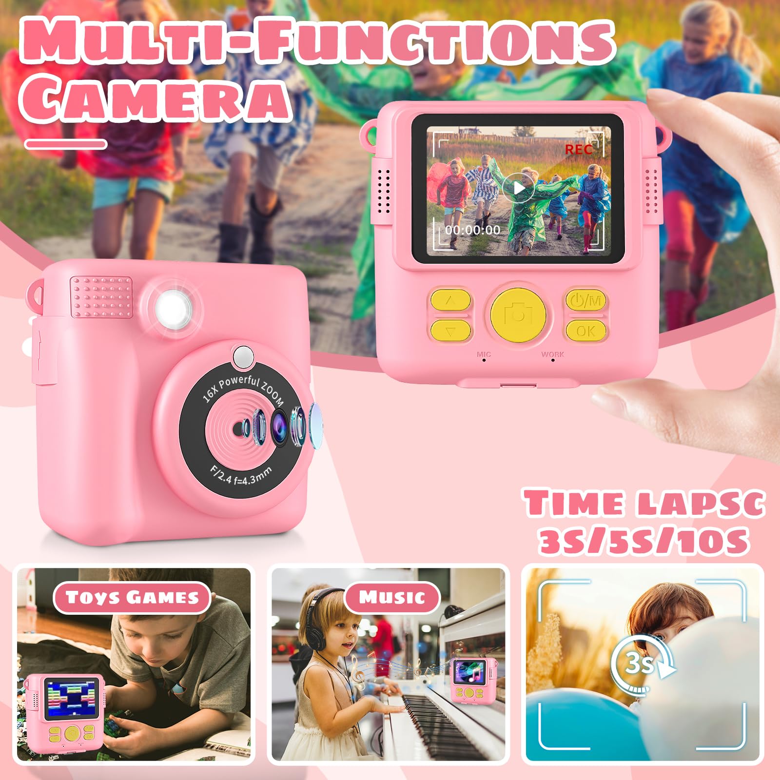 CHRERNA Fotocamera Istantanea Bambini, Macchina Fotografica Bambini Istantanea con 32GB Scheda, 1080P HD Fotocamera Digitale Bambini, Regalo per Ragazze Ragazzi da 3-12 Anni