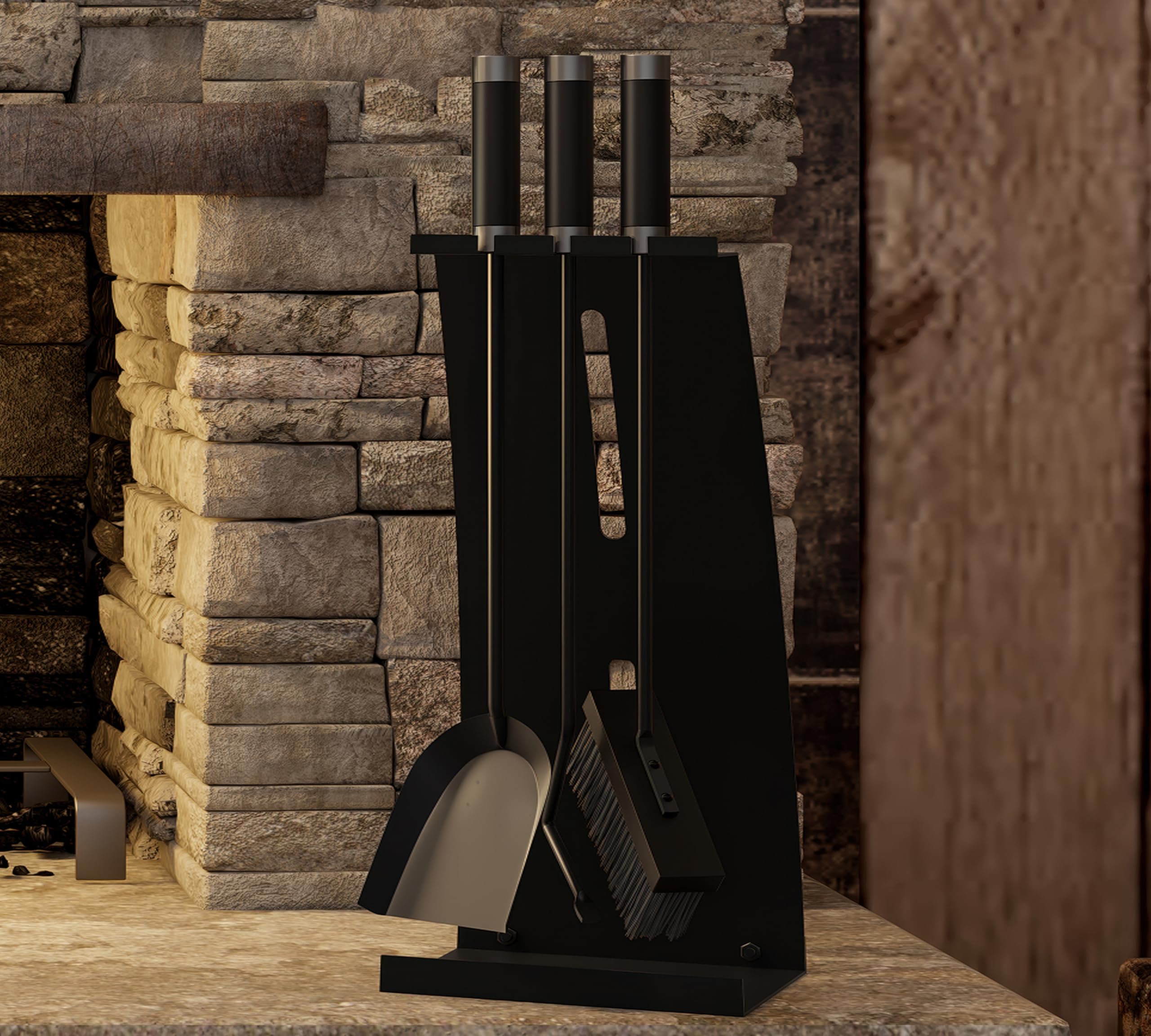 Kingson Juego de herramientas para chimenea de 4 piezas con asas compuestas, juego de accesorios para chimenea con recubrimiento en polvo negro, 54,5 cm de altura