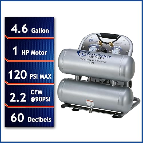 Miniatura 4 de California Air Tools 4610SH - Compresor de aire de doble tanque de acero ultra silencioso y sin aceite, 1.0 Hp, 4.6 galones con manguera de aire