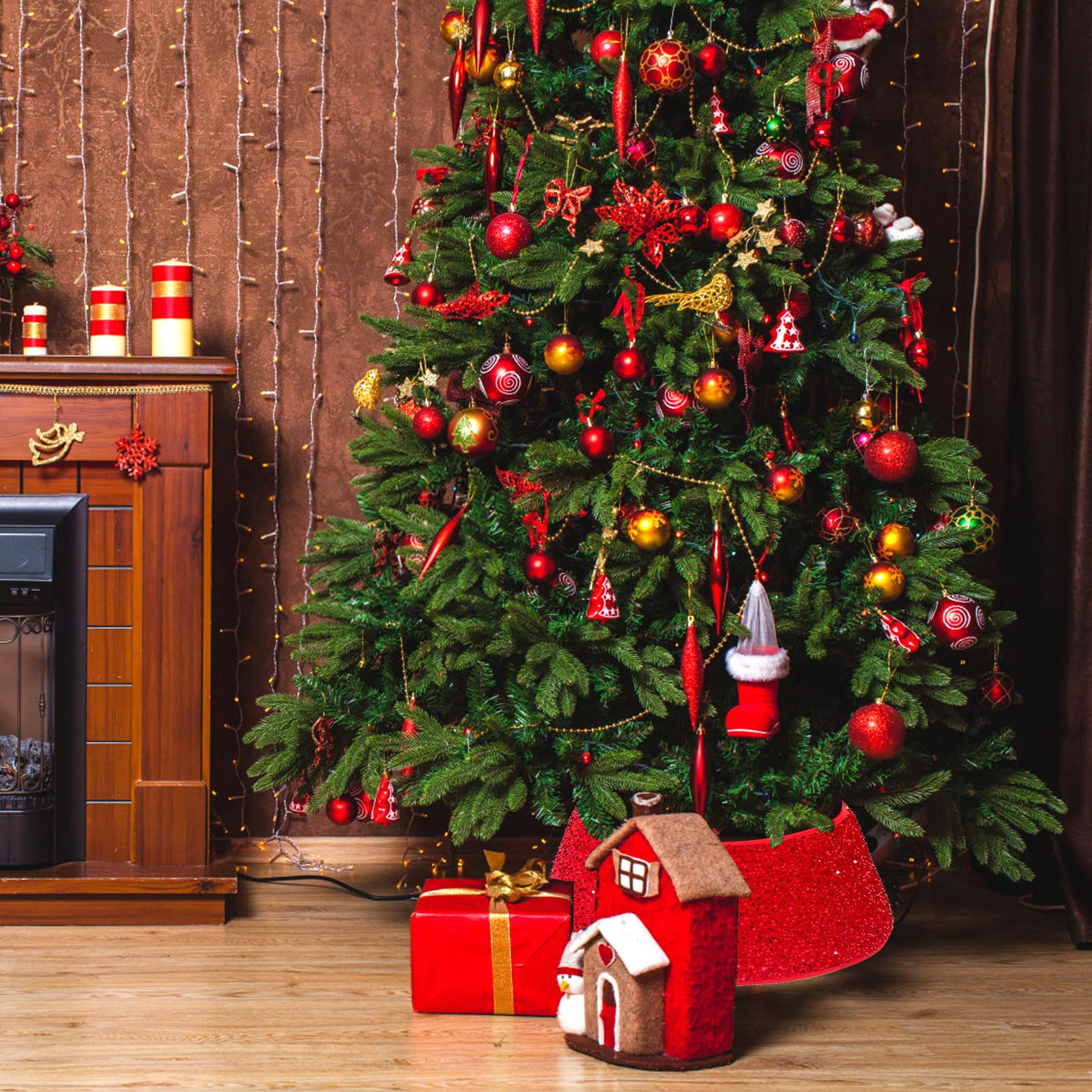 Bekecidi Falda del Árbol de Navidad con Purpurina Roja - Cubierta de la Base del Árbol de Navidad - Anillo Decorativo para Adornos de Fiesta en el Hogar de Vacaciones