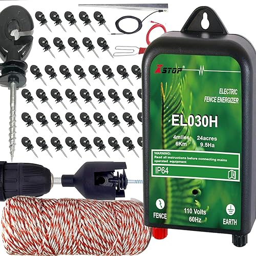 Juego completo de cargador eléctrico para cerca, 3.7 millas con alambre de valla de 656 pies, 50 aisladores eléctricos, 1 herramienta de enchufe