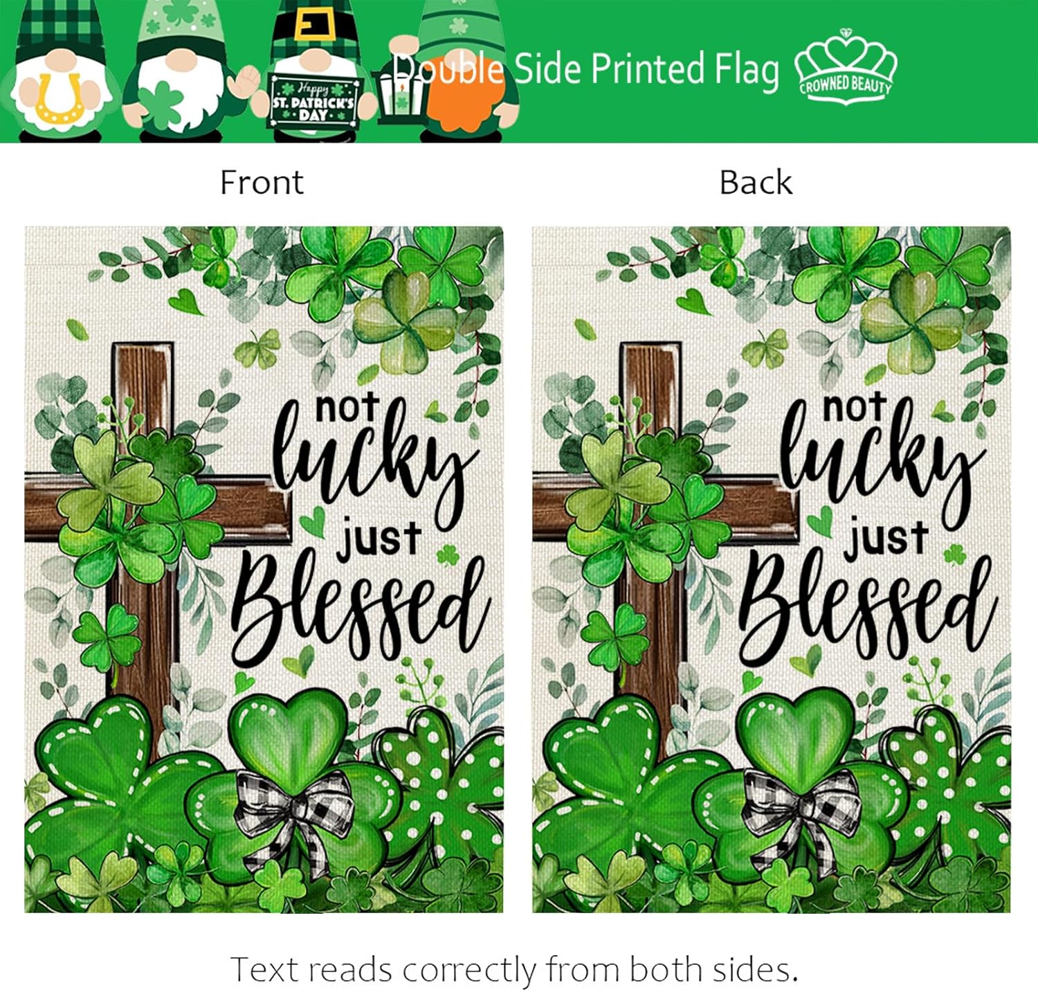 CROWNED BEAUTY St Patricks Day Garden Flag Shamrocks Clover Cross Blessed 12x18 Inch Double Sided Green Holiday Decoration for Outdoor Lawn Yard CF1931-12 - Image 5