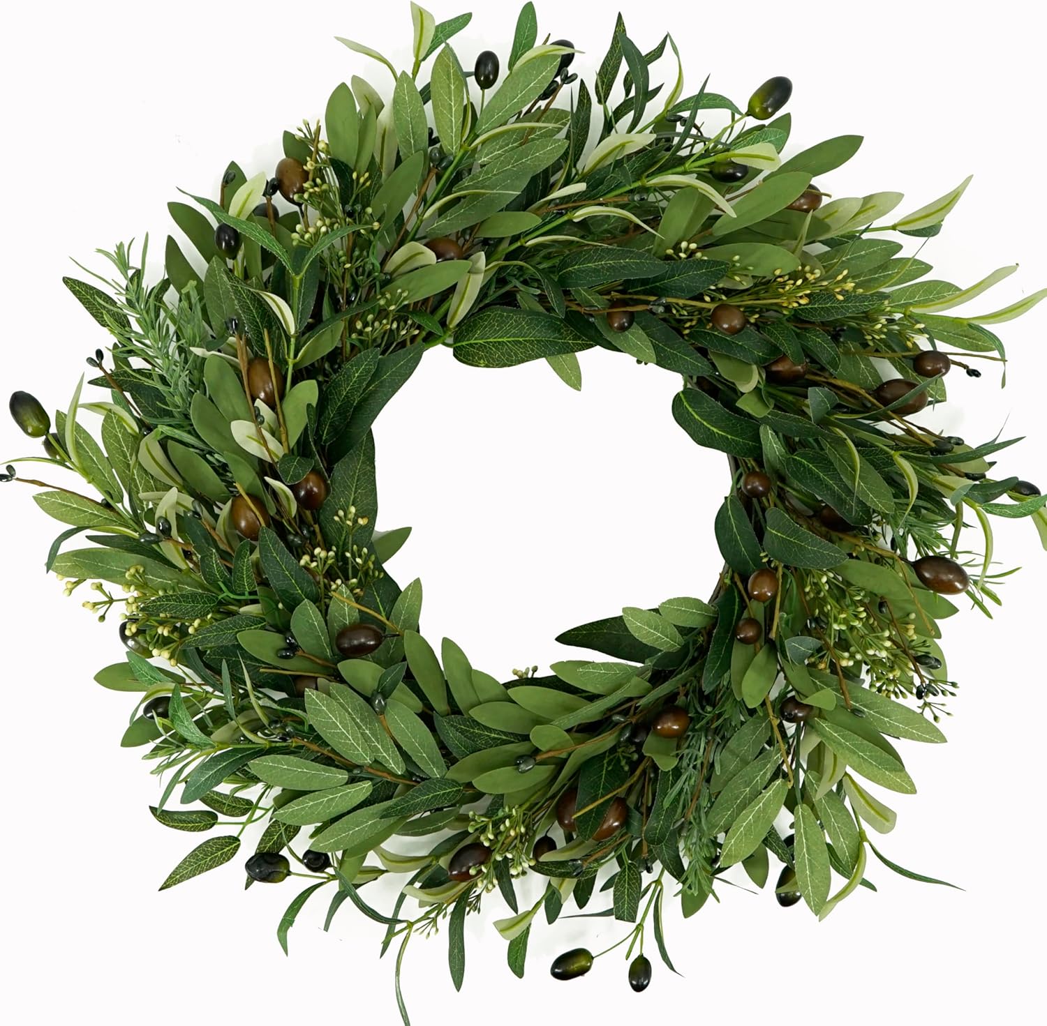 AMF0RESJ Artificial Green Olive Wreath for Front Door Greenery Wreath with Olive Leaves, Bean for Spring Summer Fall All Season Indoor Outdoor Farmhouse Home Wall Window Festival Wedding Decor