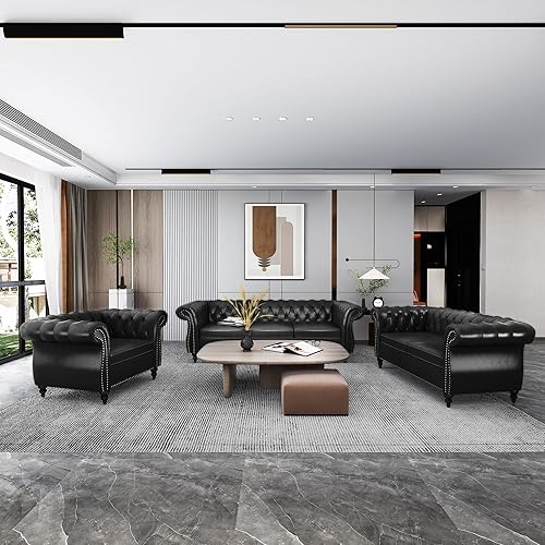 QHITTY - Juego de 3 piezas para sala de estar, sofá seccional Chesterfield, silla contemporánea tapizada en cuero artificial, sofá de dos plazas,