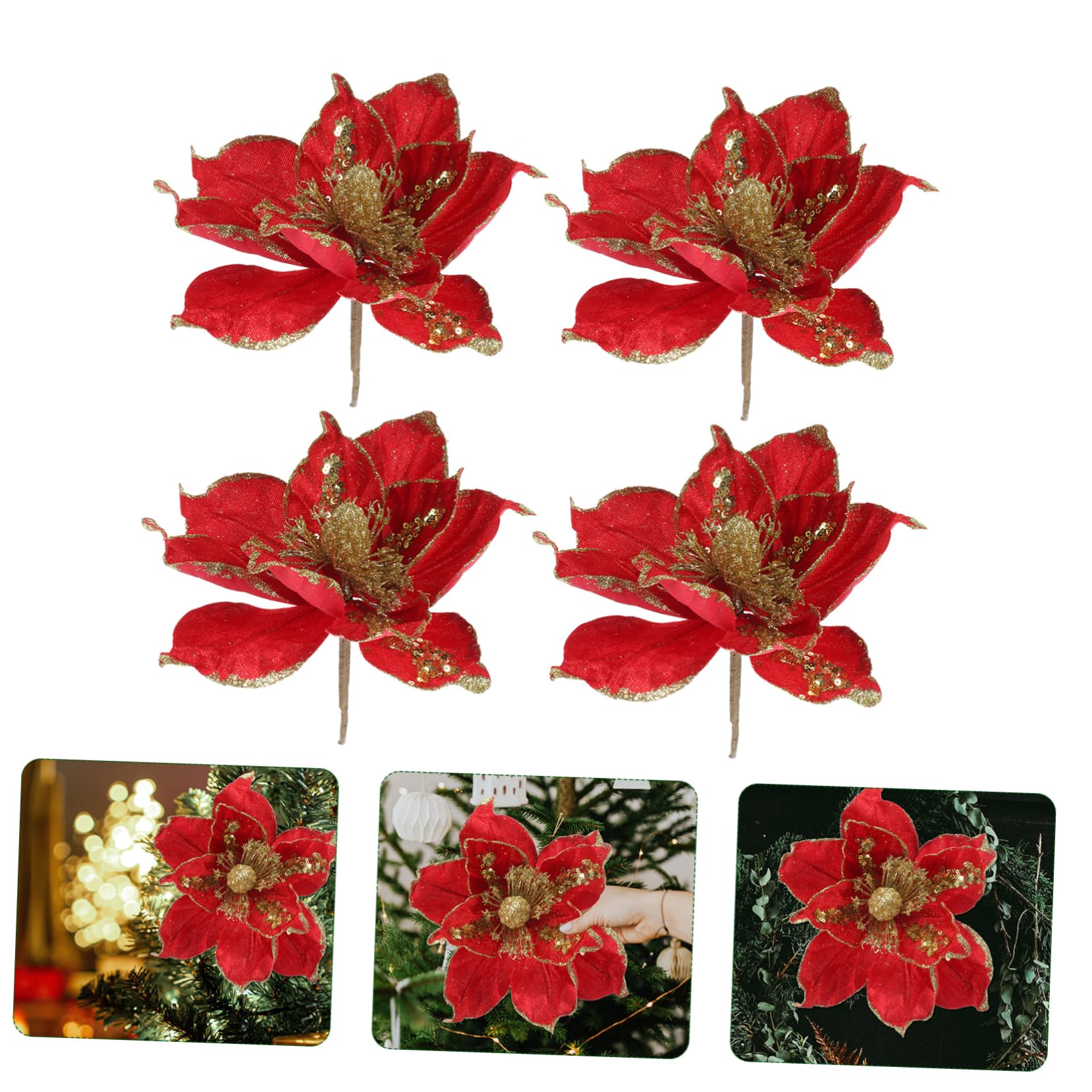 Cabilock 4 Juegos Flor Artificial De Navidad Poinsettia Artificial Flowers para Arbol De Navidad Flor De Pascua Artificial Flor De Nochebuena Flores De Nochebuena Decorativas Paño 4 Uds * 4
