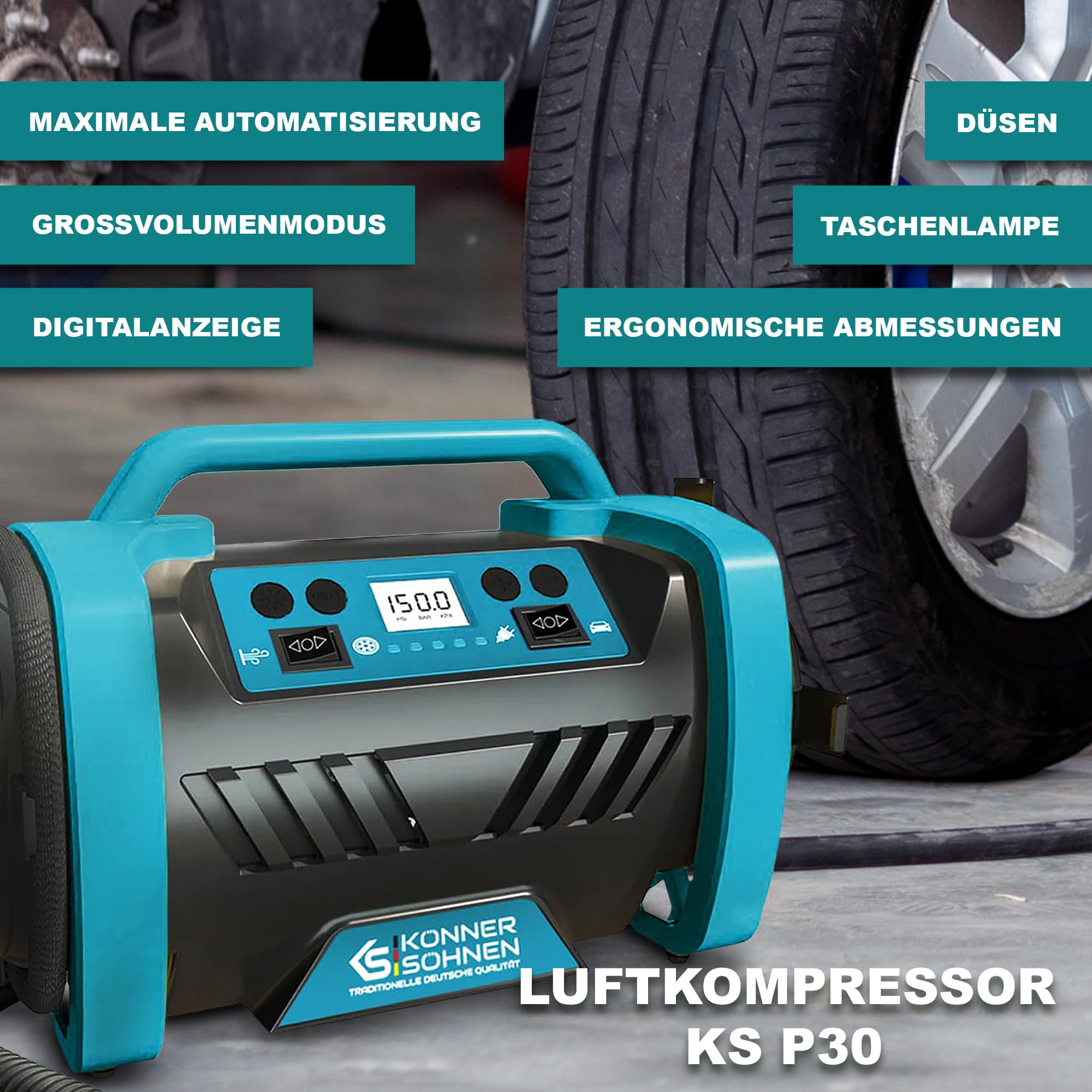 K&S Könner&Söhnen KS P30 Tragbare Elektronische Luftpumpe 12V Luftkompressor 35 l/min,auto kompressor 150 Psi,Hochdruckmodus, Kabellänge 3 m,automatische Abschaltung,Elektrisch Luftkompressor