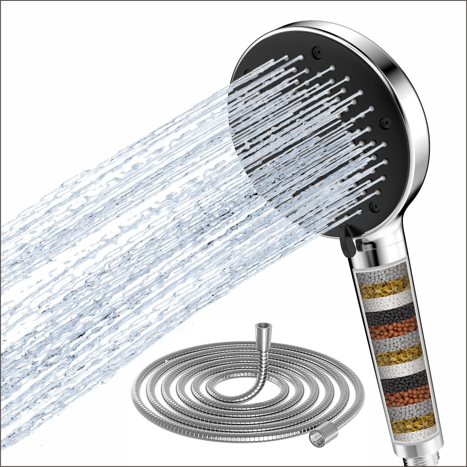 Ello&Allo Chrome Filtered Shower Head With 15-Stage Filter, Handheld Shower Head With 3 Spray Modes For Hard Water, 60 Cm Hose, Anti-Limescale Nozzles,