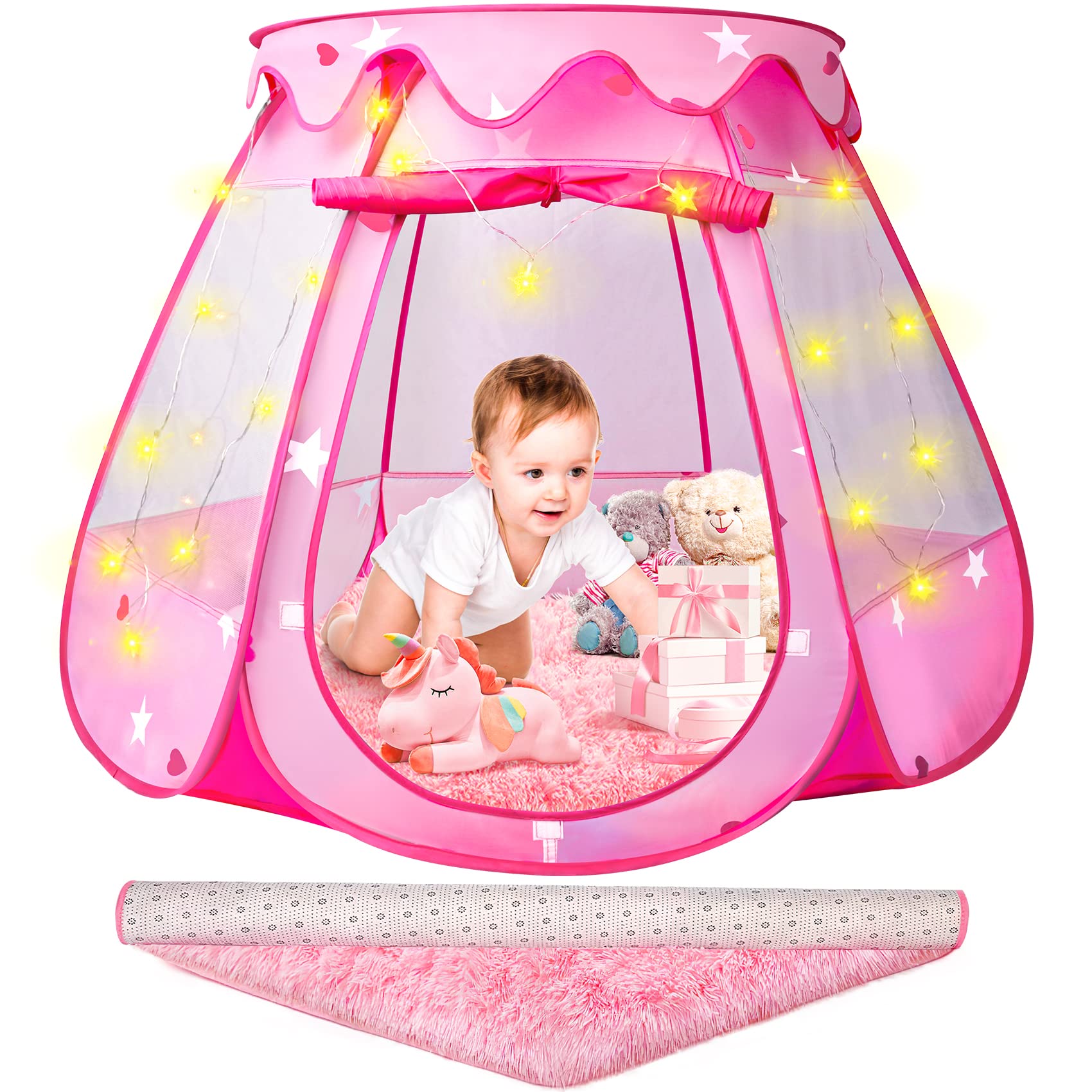 Princess Castle Girls Play Tent with Rug Pop Up Play Tent for Toddlers Kids DISHIO Playhouse Toys for 1 Year Old Birthday Gift Fairy for Girls with Lights Indoor Outdoor Kids with Mat