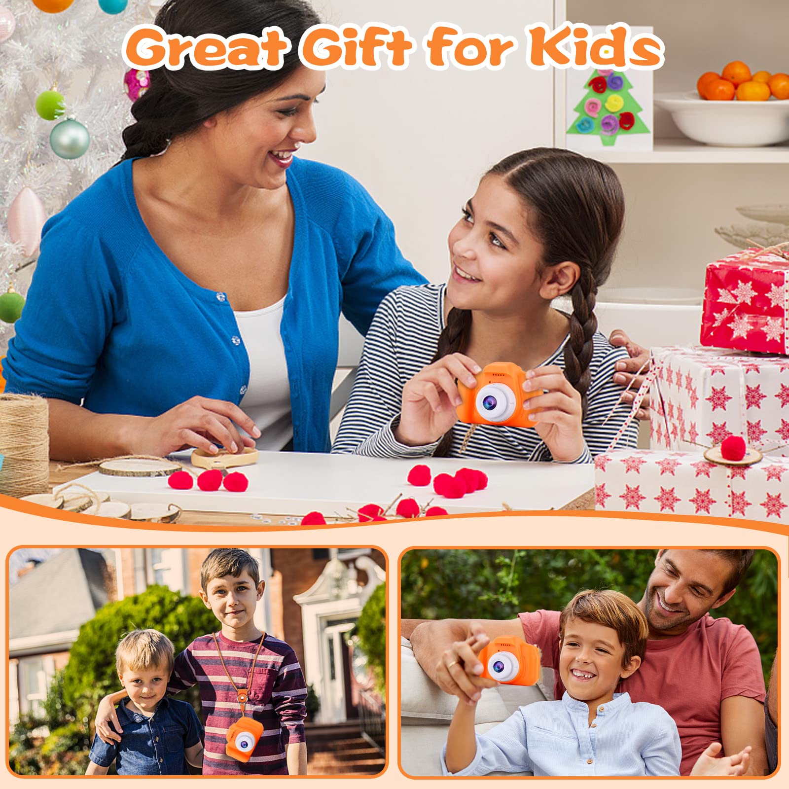 Cámara naranja para niños, cumpleaños para niñas y niños de 3 a 12 años, cámara de video digital HD para niños pequeños, pantalla IPS HD, juguete portátil con tarjeta SD de 32 GB 8