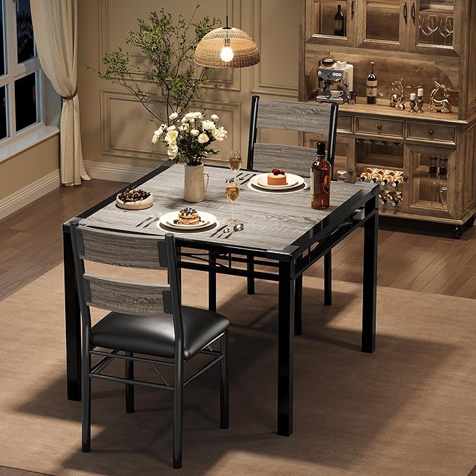 GarveeHome Dining Table Set for 2, Dining Table with 2 Upholstered Chairs, Wood 3-Piece Kitchen Dining Room Table Set with Corner Protector for Small Space, Kitchen, Apartment, Rustic Gray