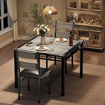 GarveeHome Dining Table Set for 2, Dining Table with 2 Upholstered Chairs, Wood 3-Piece Kitchen Dining Room Table Set with Corner Protector for Small Space, Kitchen, Apartment, Rustic Gray