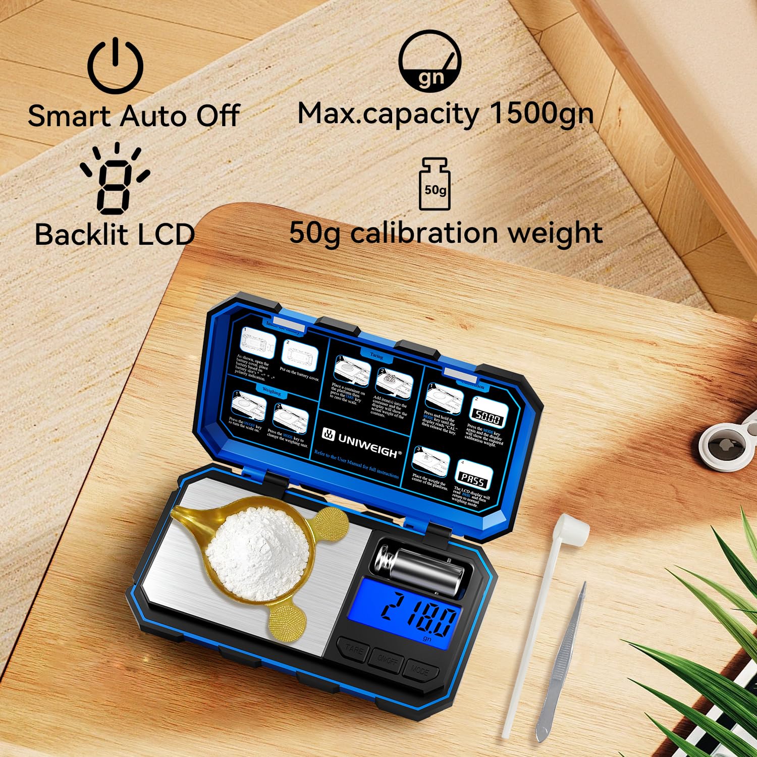 UNIWEIGH Báscula digital de recarga de precisión de 1500 granos x 0,1 gn, báscula de polvo para recarga, báscula de grano con pantalla LCD/tara/funciones de calibración, bolsillo de escala de