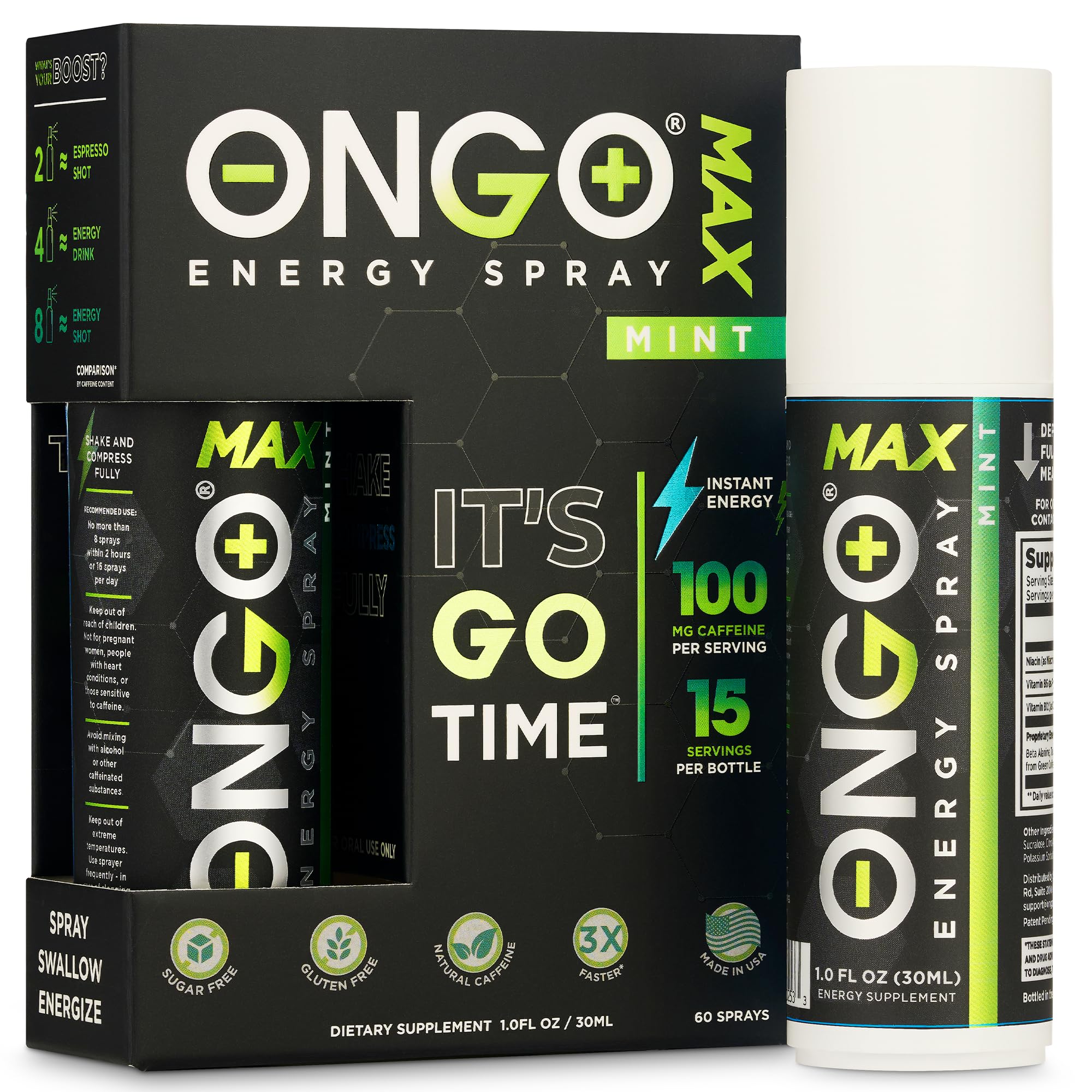 OnGo Energy - Natural caffeine (1500mg) Instant Energy Oral Spray | Vegan, Sugar and Gluten free | B3, B6, B12 vitamin spray | Focus and Memory |