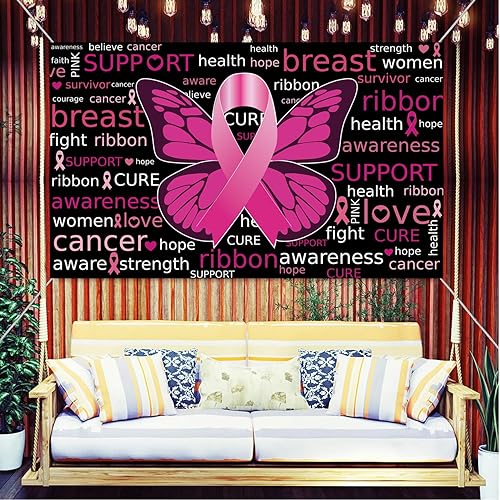 Miniatura 2 de Cartel de fondo de concientización sobre el cáncer de mama con 70.8 x 43.3 pulgadas, pancarta de cinta rosa con texto en inglés "Hope Faith