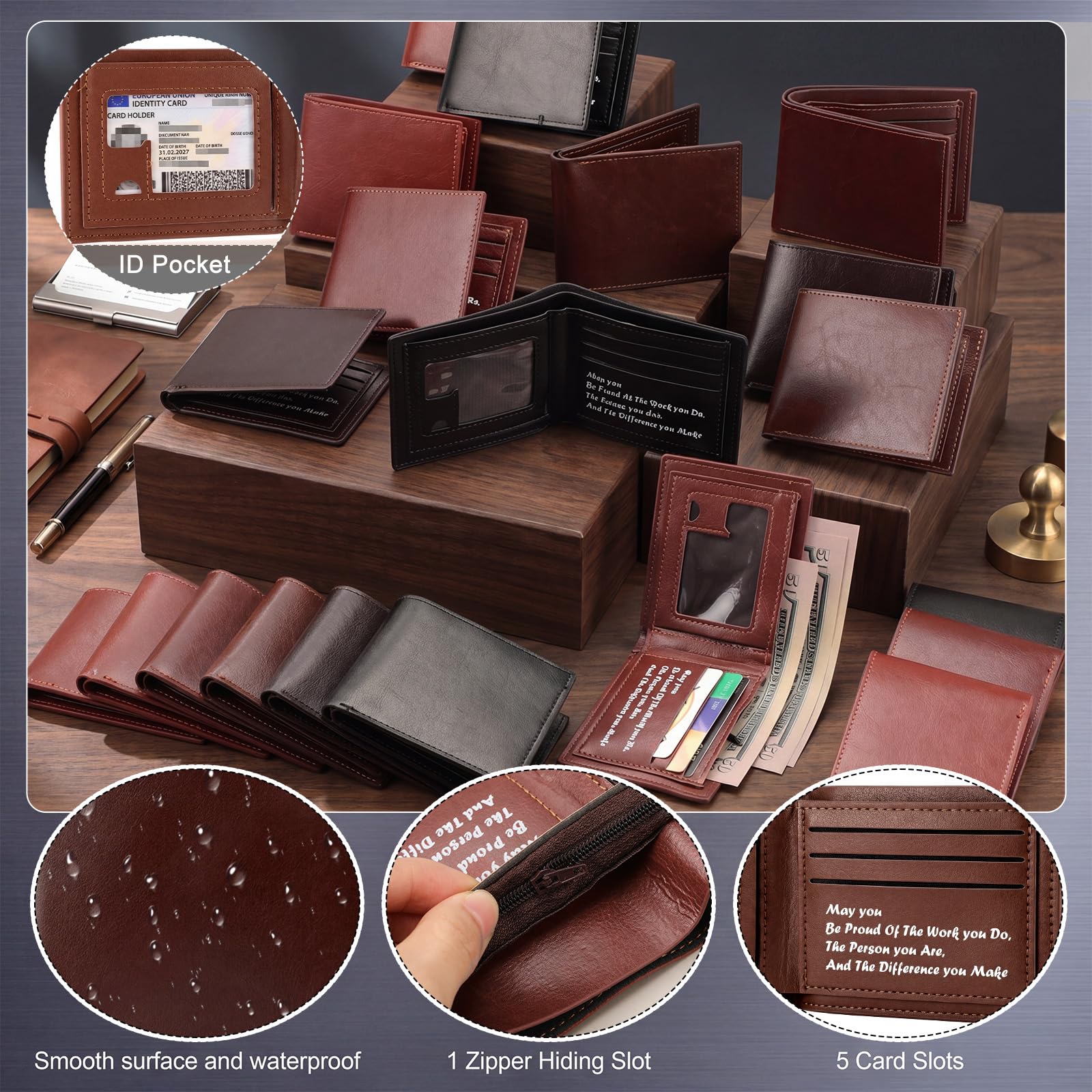 24 Pcs Fathers Day Bulk Gifts Wallet for Men, Bifold Leather Engraved Wallet for Husband Son Dad Coworkers Employees (Multicolor)