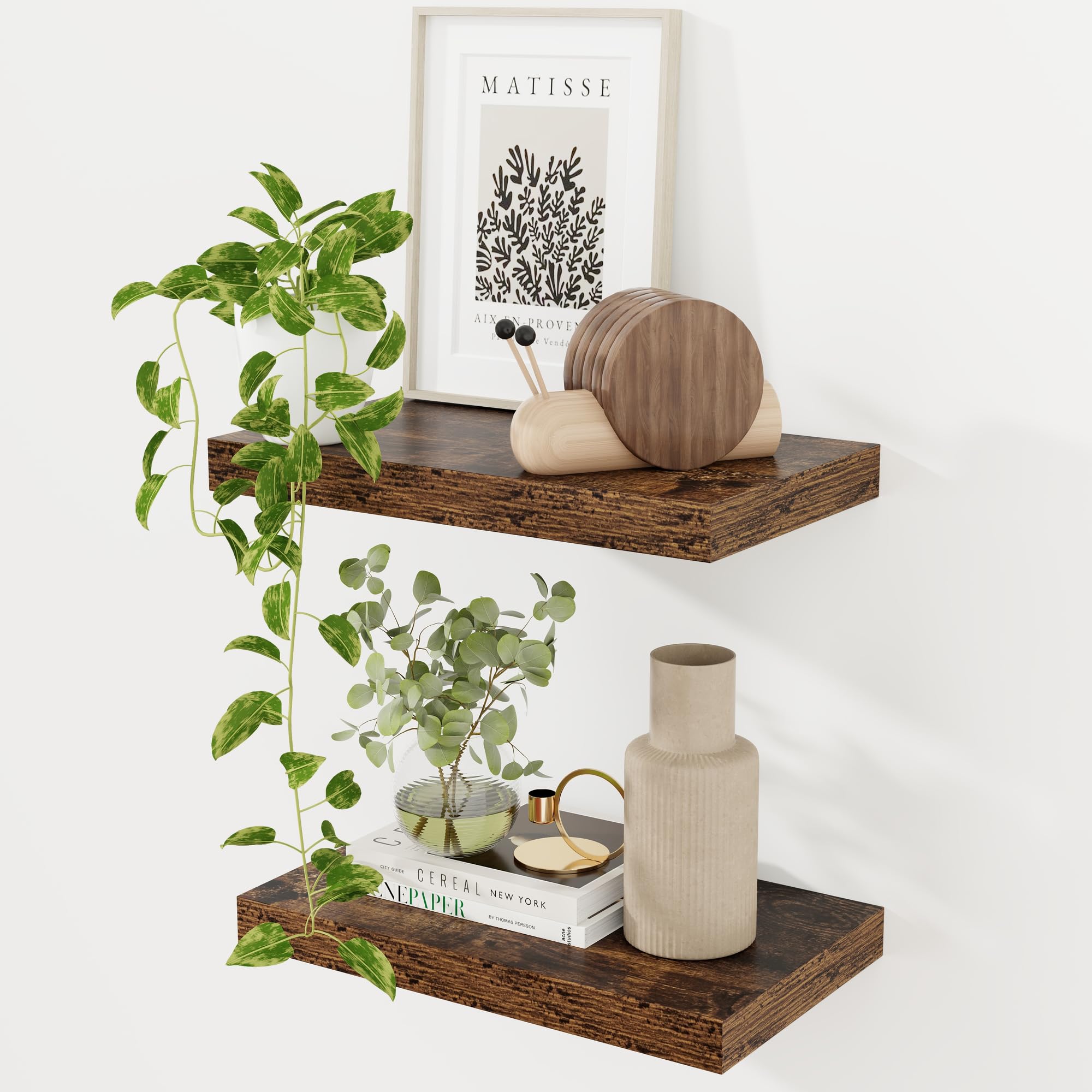 Heimlove 16 Inch Floating Shelves for Wall,9.3 Inch Deep Hanging Shelves Wall Mounted Set of 2,Wood Shelves for Bathroom,Kitchen,Office,Living Room Decor,Rustic Brown Color