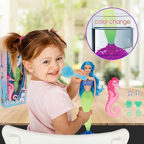 Miniatura 2 de Yellow River Juego de muñeca de princesa sirena, cola de sirena que cambia de color por Reversing Squins, muñeca de vestir de cabello azul de 12