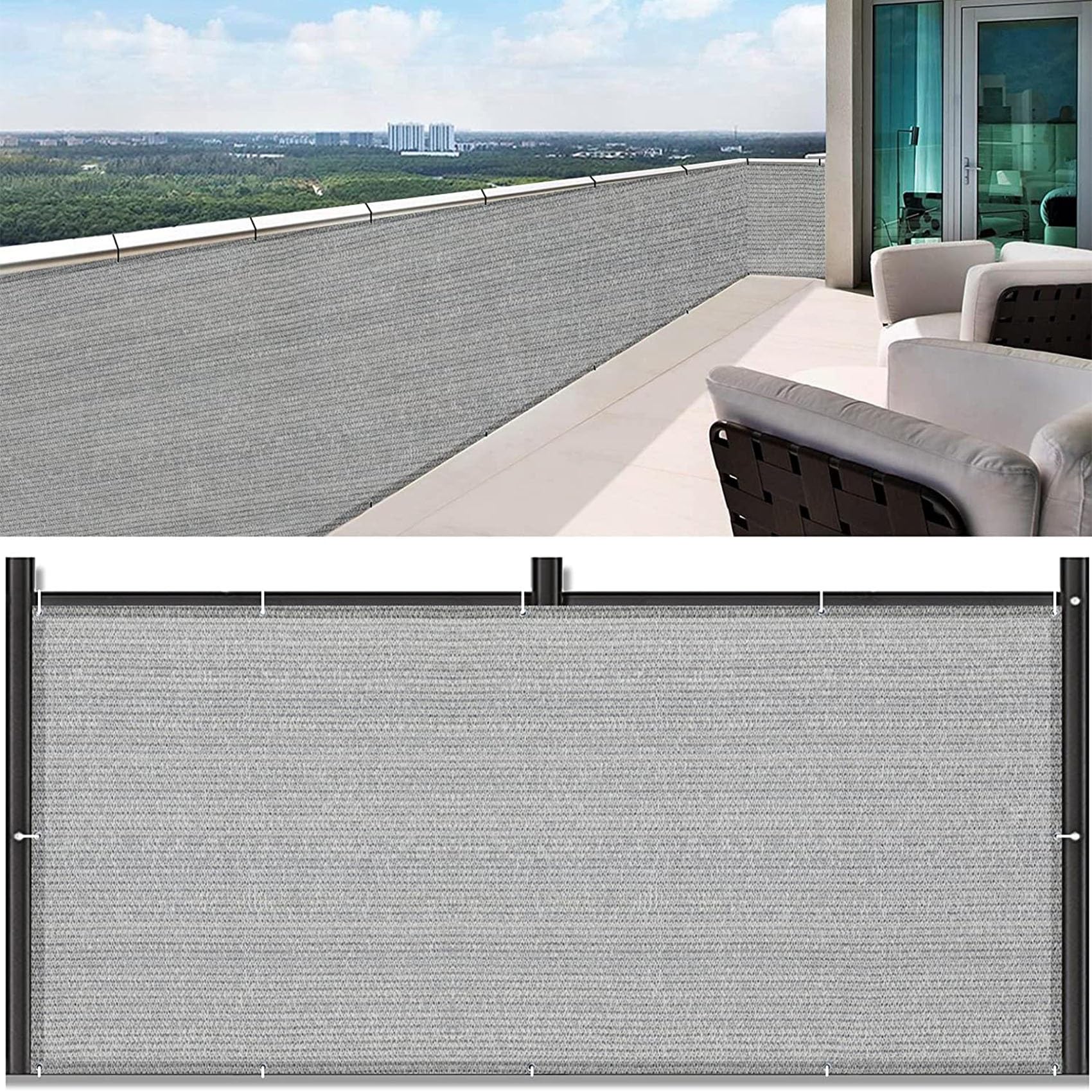 Recinzione Copertura per Balcone Giardino 120x450cm(47x177inch) Copertura per Balcone Copri Ringhiera Balcone Anti-UV Facile da Installare con Fascette e funi, Grigio