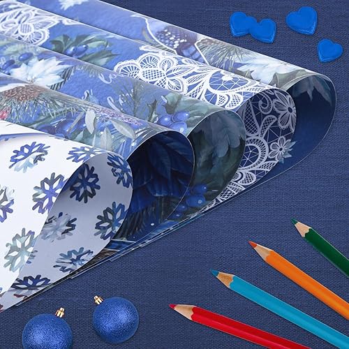 Miniatura 4 de Papel de álbum de recortes de doble cara de 12 x 12 pulgadas, 24 hojas de acuarela, impresión de flores azules decorativas, manualidades, álbumes de