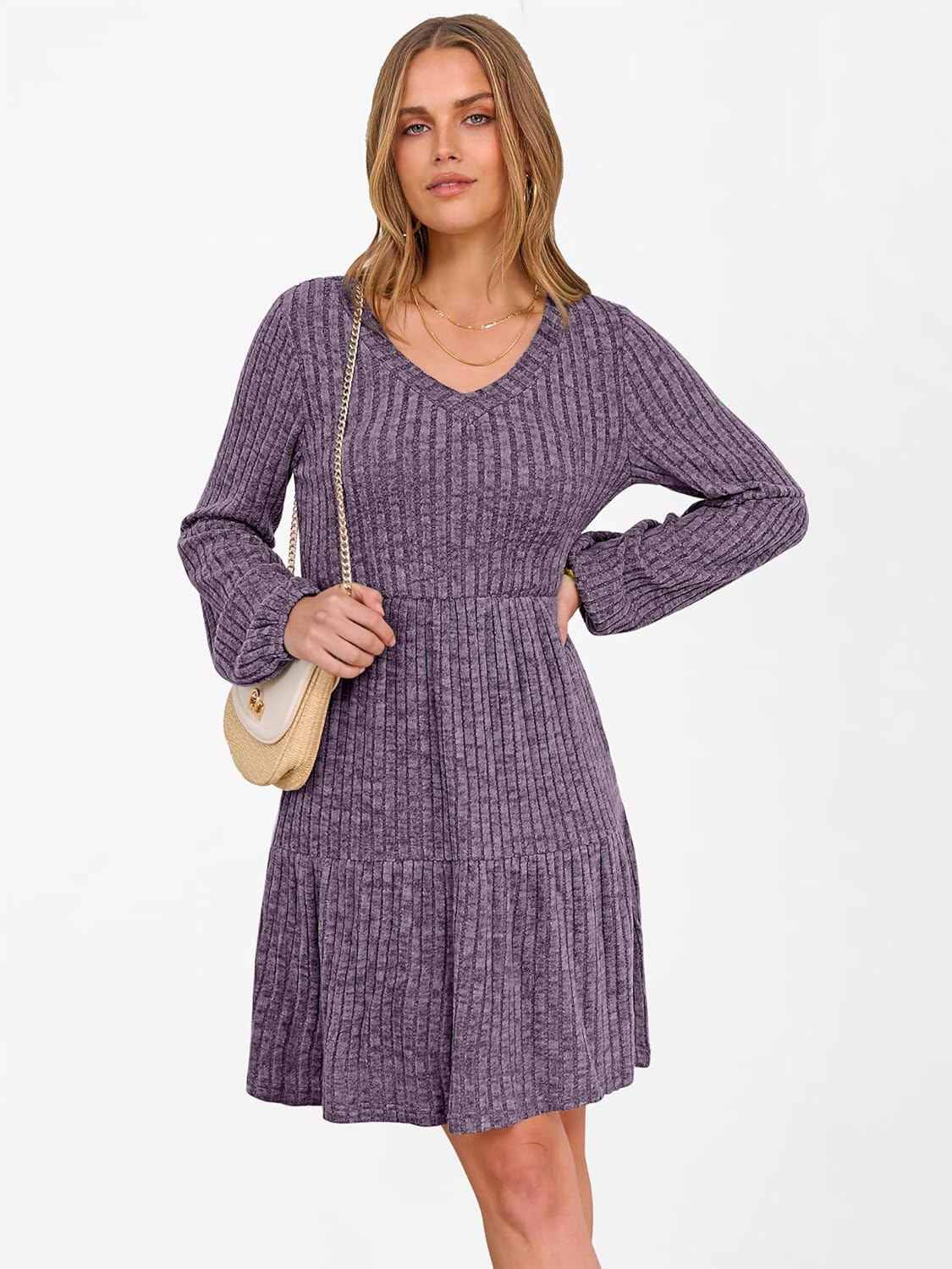 ANRABESS Women's Long Lantern Sleeve Ribbed Knit Dresses V Neck Casual 2025 Fall Winter Flowy Swing Tunic Sweater Short Dress - Image 6