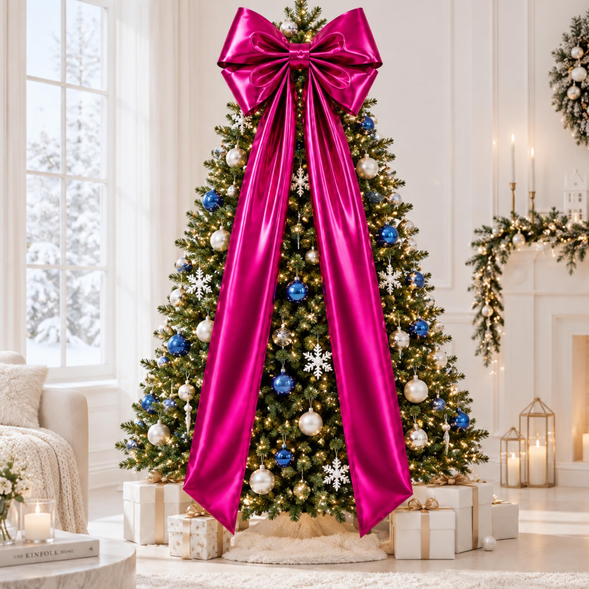 XunYee Large Metallic Foil Christmas Tree Bows, 19.7 x 71 Inch, Pink
