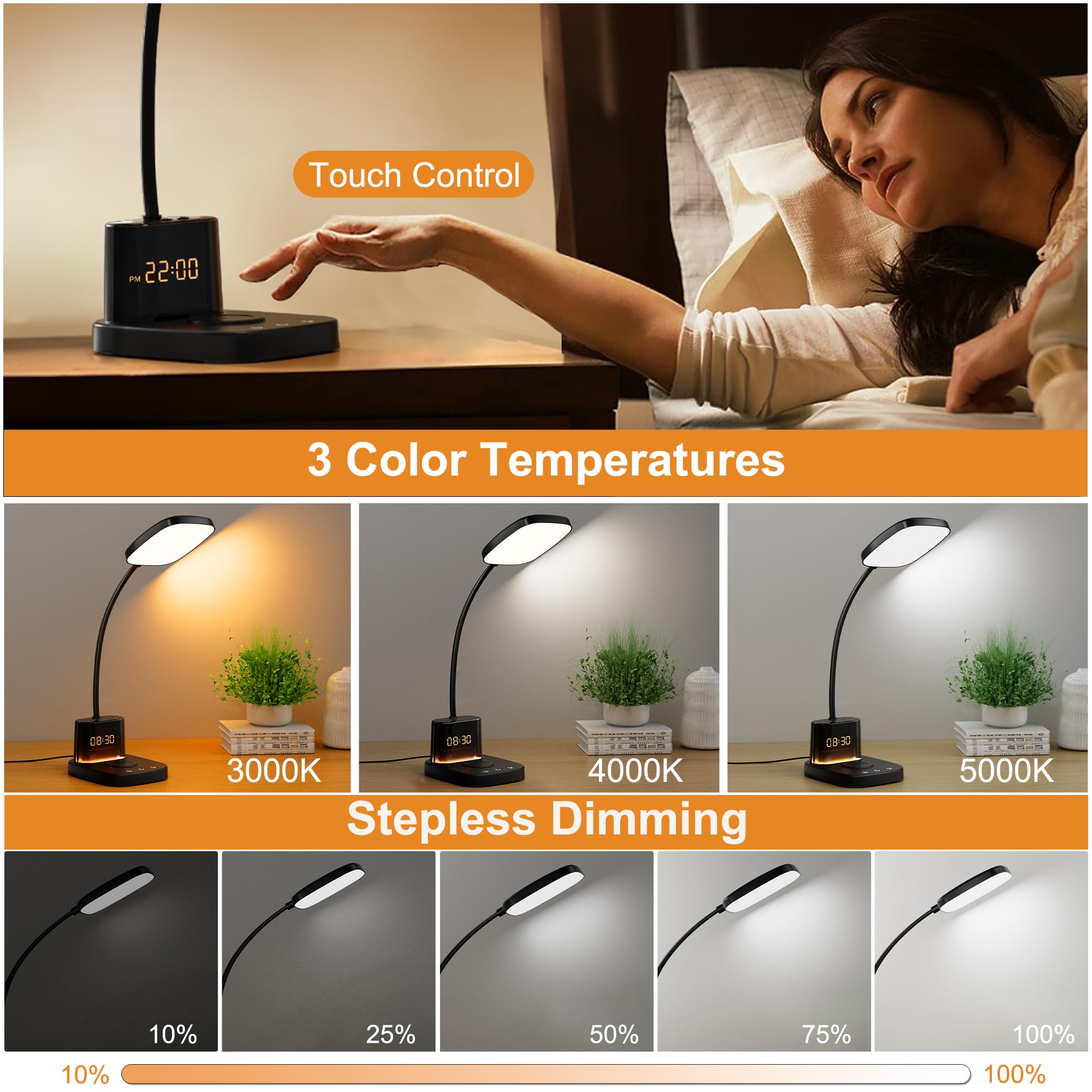 Schreibtischlampe, Nachttischlampen mit kabellosem Ladegerät und Uhr, 30 Minuten automatische Abschaltung, Nachtlichtlampe, 3 Farbmodi, dimmbar, Touch, 800 lm, CRI 95, LED-Schreibtischlampen
