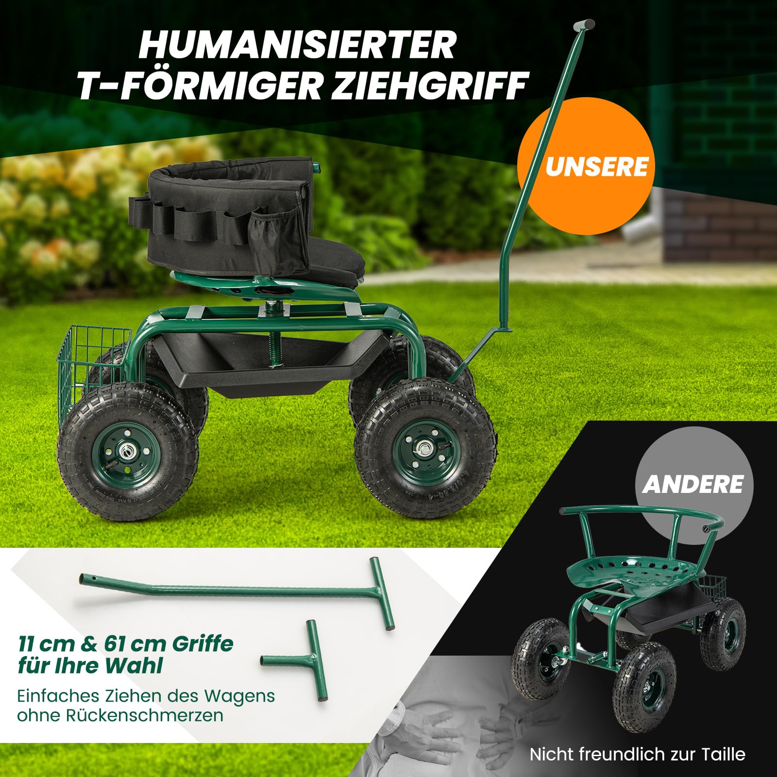 COSTWAY Rollsitz mit Rollen, 360 ° drehbar | höhenverstellbar, mobiler Gartensitz mit Lenkgriff & Korb & Ablage & Sitzkissen, Gartenhocker bis 150 kg, Gartenrollsitz Metall für Gartenarbeit, Grün