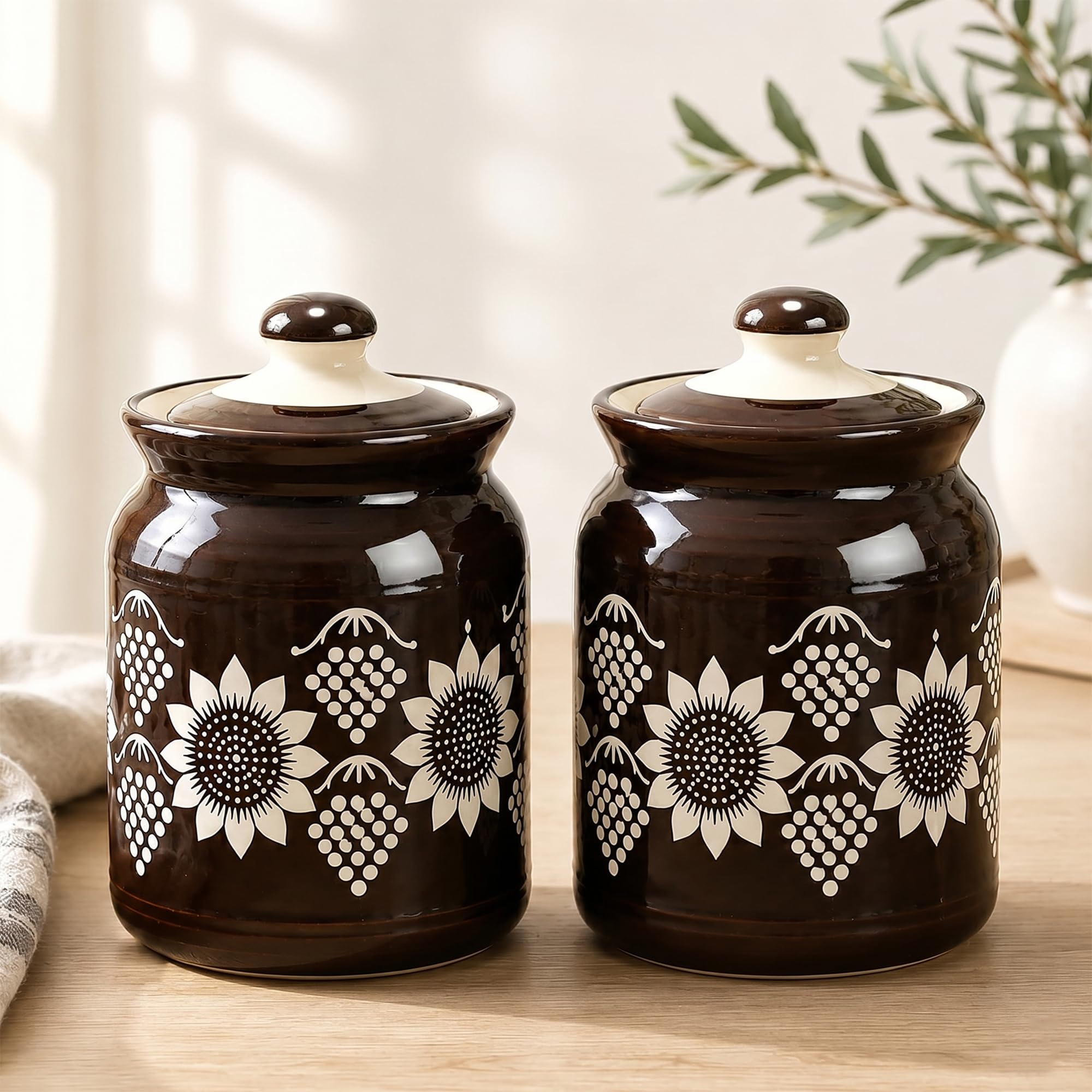 D'Maiolica Ceramic Handmade Pickle Jars in 1000ml (set of 2) | Floral Bale 1 kg Achaar Martban | Ceramic Jadi for Kitchen Storage (Set of 2) | Jars for Achar, Spices, Salt (Black Sienna & Sunflowers)