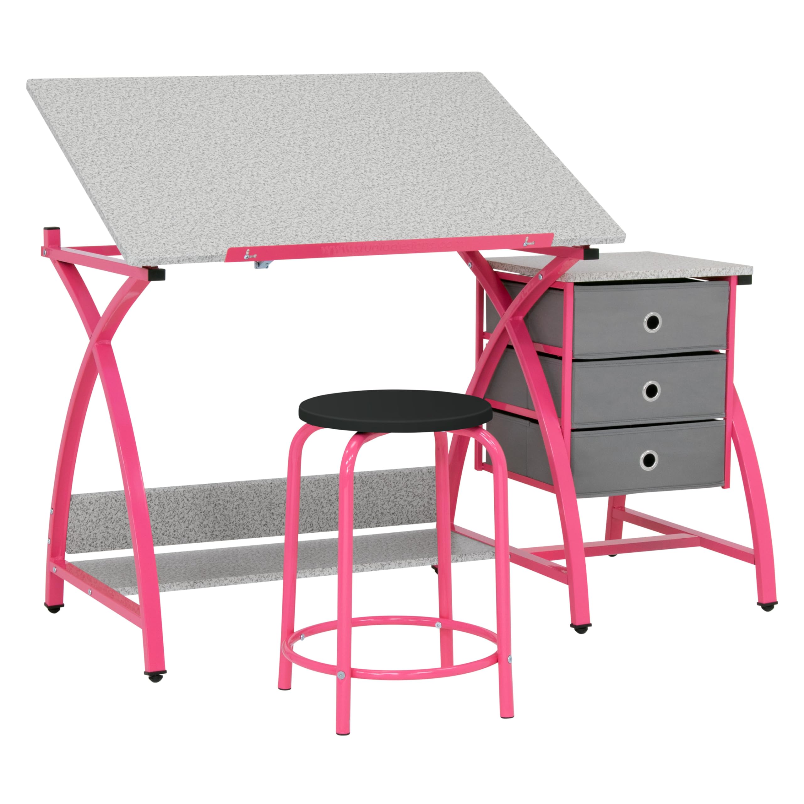 SD STUDIO DESIGNS 2 Piece Comet Center Plus, Craft Table and Matching Stool Set with Storage and Adjustable Top, Pink/Spatter Gray
