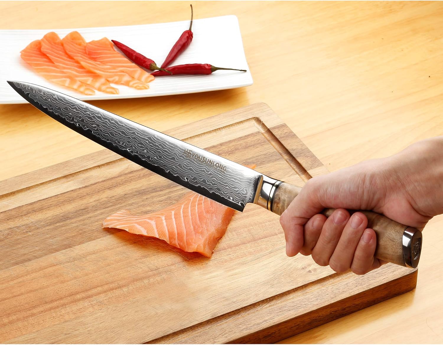 YOUSUNLONG Yanagiba Sashimi Knife 10 Inch - Japanese Damascus Steel Hammered Texture & Double-Edged Blade for Sushi & Fish Slicing, Burl Wood Handle & Sheath - Gift for Chefs - Image 6