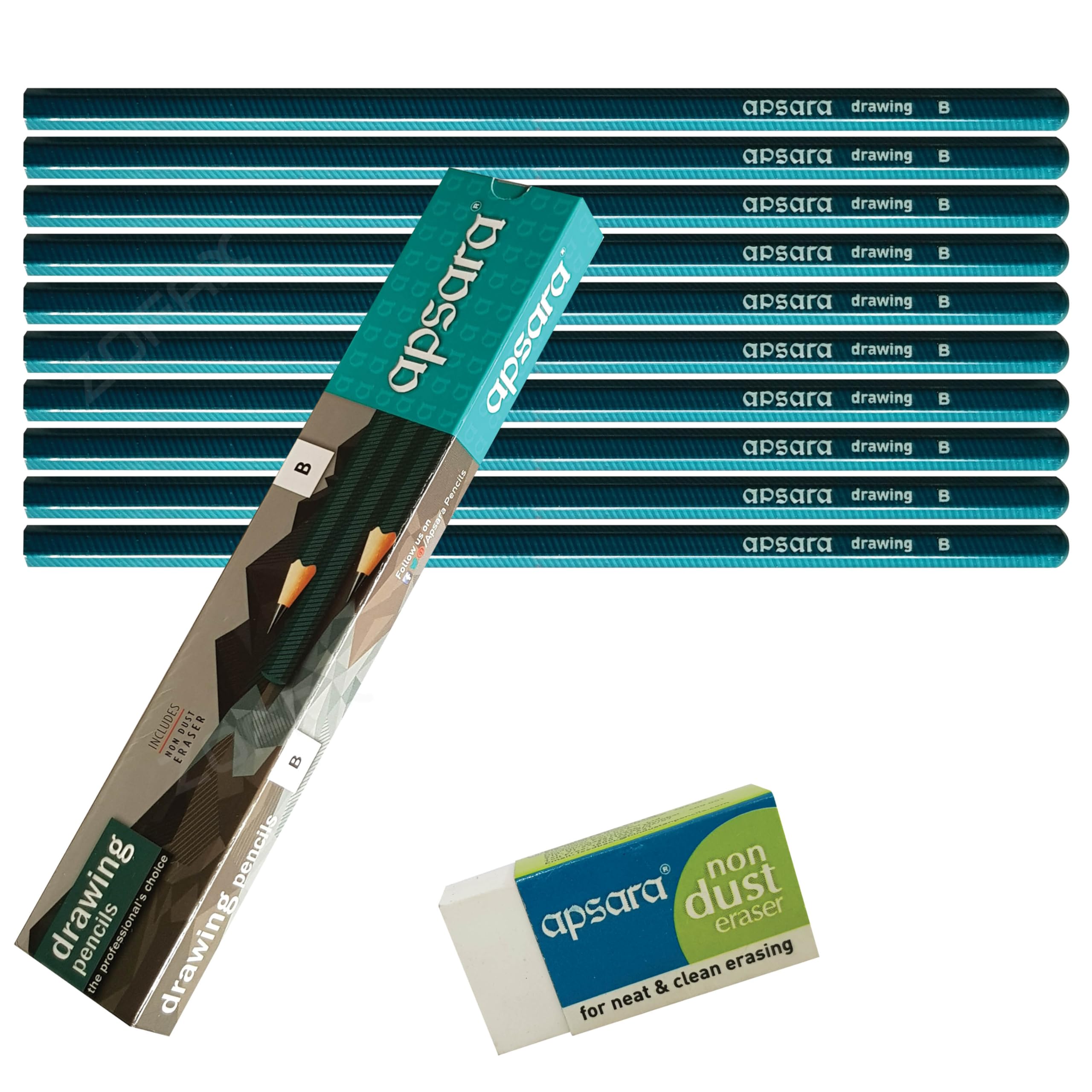 Sketching Pencils, B Graded, Pack of 10, Graphite Lead, Professional Artists Drawing Pencils Eraser Pack, Sketch Draw Shade Write, iZOFAX Black Ball Pen — image 1
