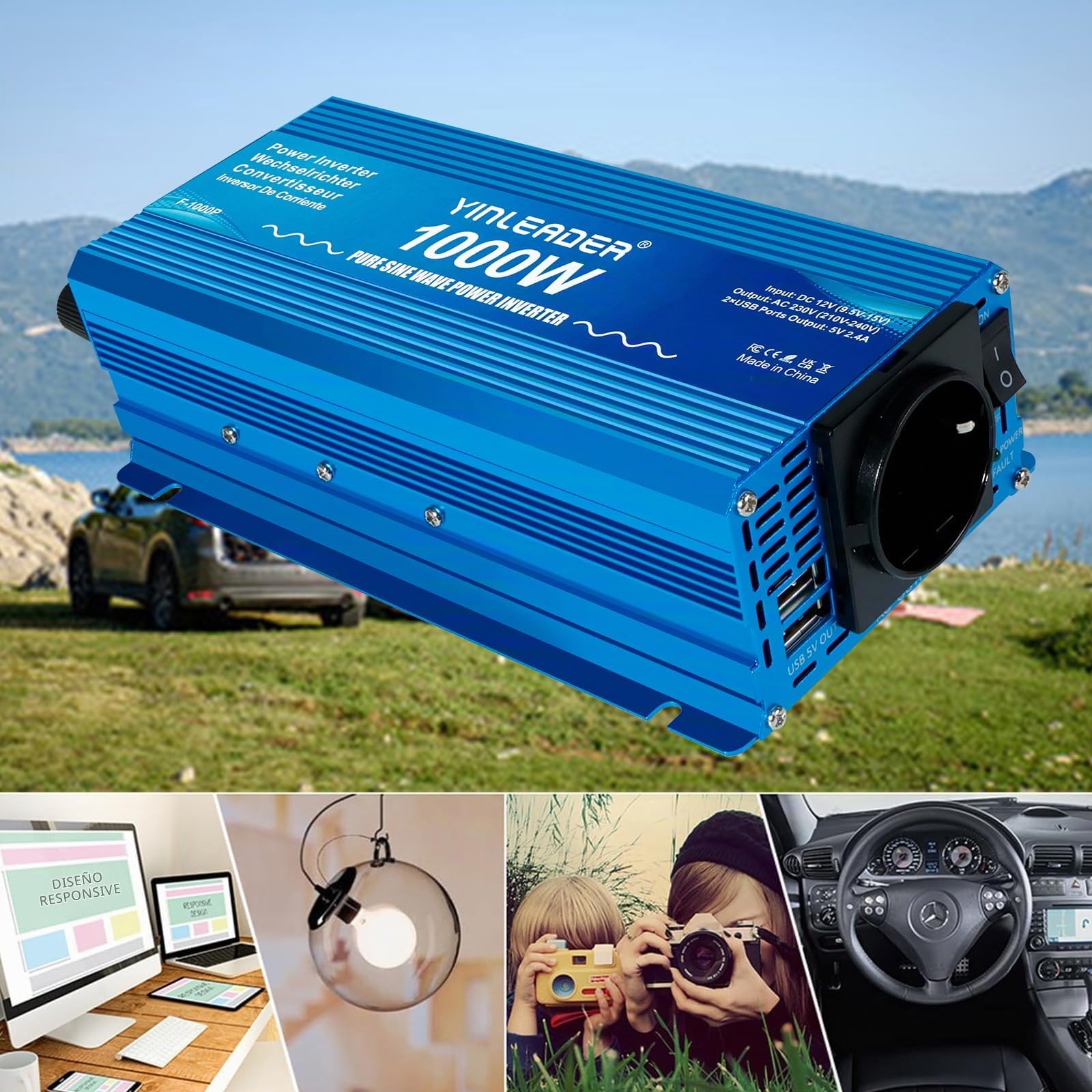Yinleader Inversor De Corriente Onda Sinusoidal Pura 1000W Transformador De 12v A 230v, 1 Toma EU Enchufe 2 USB, para Coche Caravana Barco cámping de Viaje /2000W Potencia de sobretensión