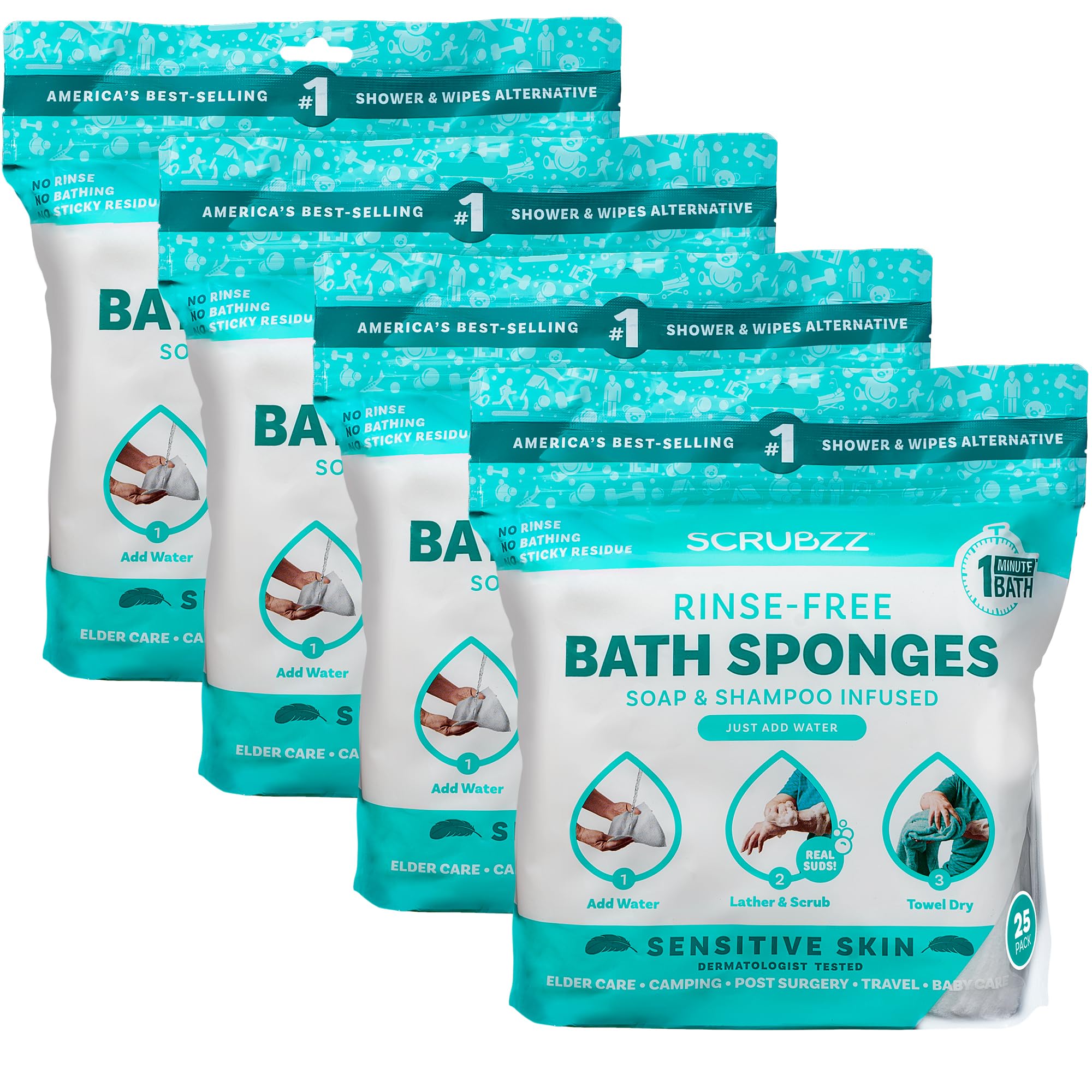ScrubzzDisposable No Rinse Bathing Wipes for Sensitive Skin - All-in-1 Single Use Shower Wipes, Simply Dampen, Lather, and Dry Without Shampoo or Rinsing (Sensitive Skin, 4-Pack)