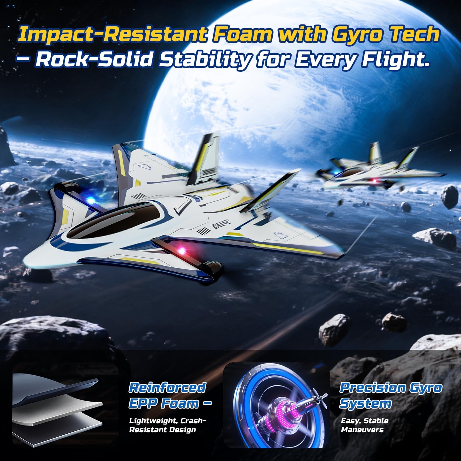DEERC 4CH bürstenloses RC-Flugzeug, Sci-Fi ferngesteuertes Jet-Flugzeug mit LED-Lichtern, RTF Kunstflugzeug, 2,4 GHz 6-Achsen-Gyro-Stabilisator, EPP Segelflugzeug für Erwachsene und Fortgeschrittene