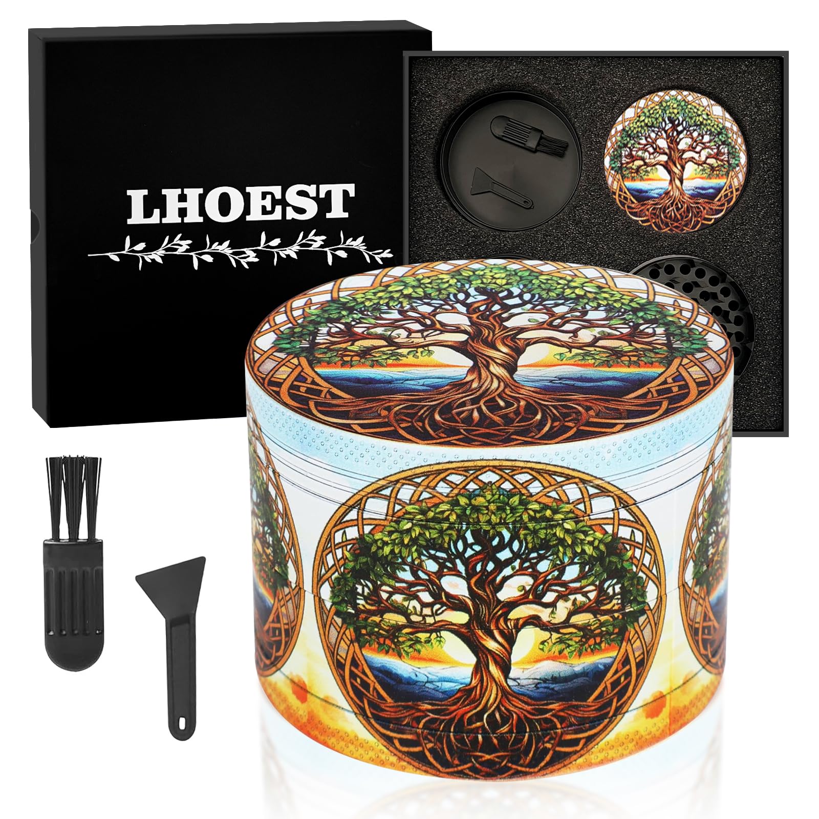 LHOEST Large Grinder 63MM Crusher 40 Grinding Teeth Metal Grinder Cool Brown Tree Design 4 Layers Grinders Metal Crusher for Spice Mill with Scraper Plastic Brush