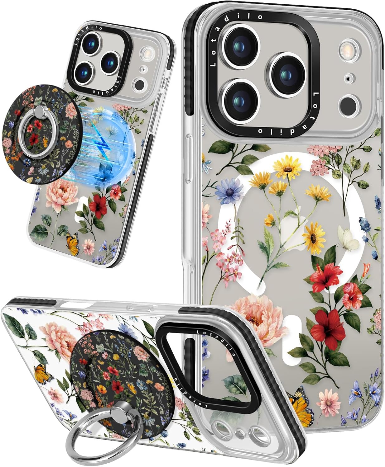 case for iphone 17 pro case compatible with magsafe ring holder stand - for women retro flower design tpu phone cover for girls girly funny fashion retro flower for iphone 17 pro