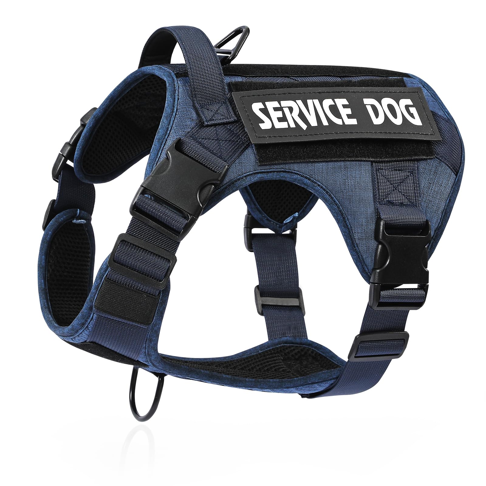 Belababy Tactical Anti Pull Dog Harness Small Medium Large, Adjustable Front Clip Service Dog Vest with Handle, Breathable Military Assistance Harness for Working Training, Denim Blue, M
