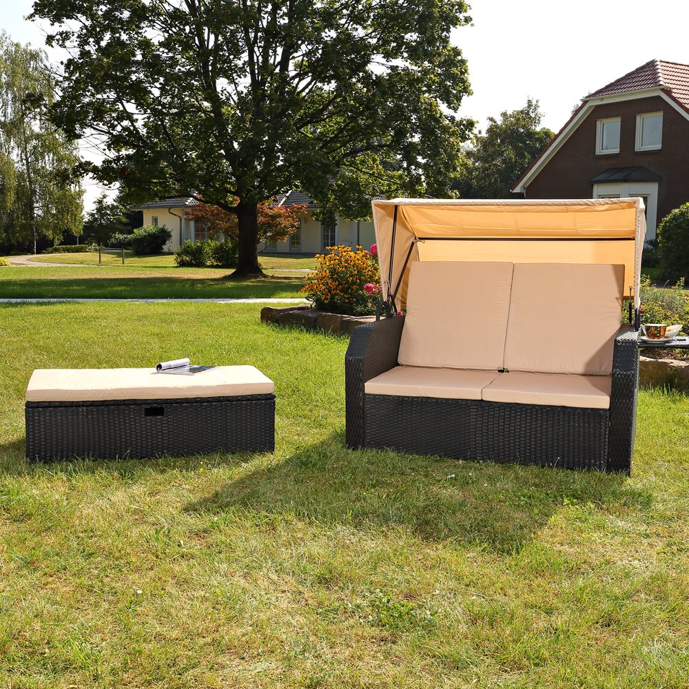 Melko Sonnenbett/Strandkorb/Lounge aus Polyrattan, Schwarz, inkl. klappbaren Seitentisch +verstellerbarer Rückenlehne + Faltbare Sonnenschutzdach
