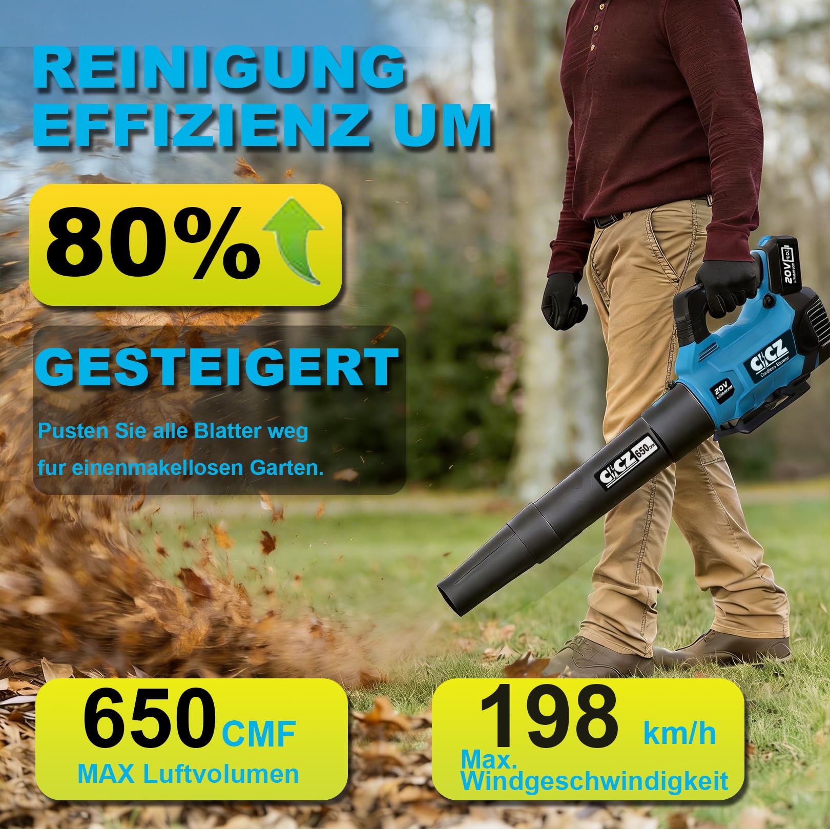 Akku-Laubbläser 20V, Laubbläser Akku Luftgeschwindigkeit 257 km/h mit 3-Gang & 2x4,0Ah Akkus –Kabellos laubbläser für Garten, Laub,Staub & Schneedecke